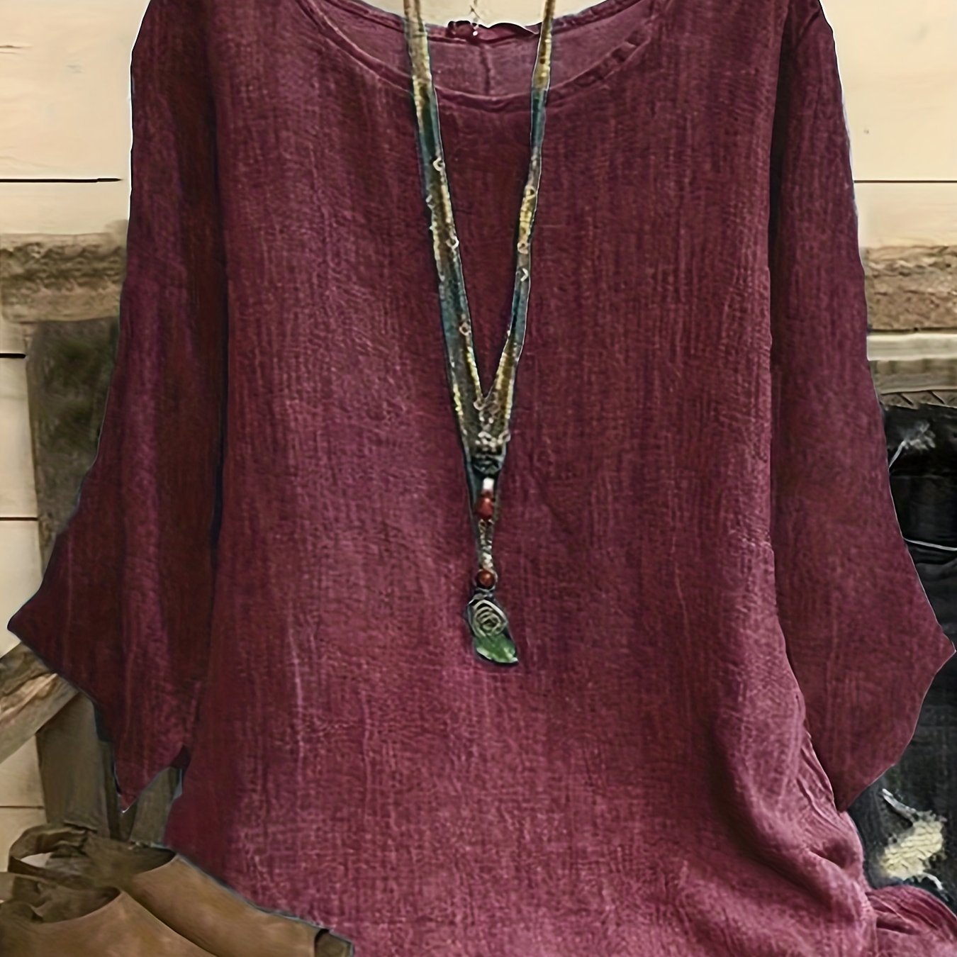 solvbao Plus Size Casual Top, Women's Plus Solid Long Sleeve Round Neck Oversized Tunic Top