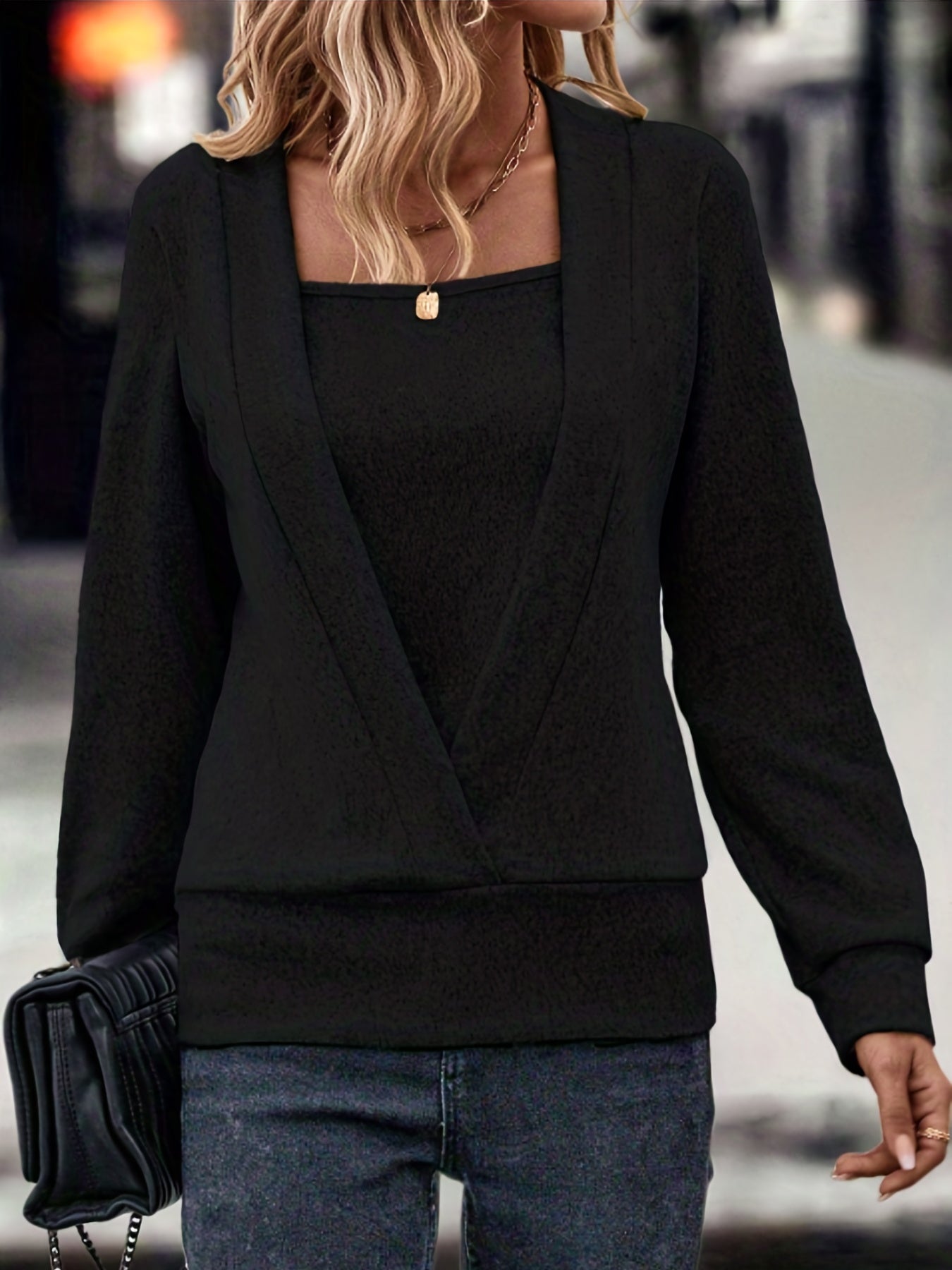 Plus Size Casual Top, Women's Plus Solid Faux Twinset Long Sleeve Square Neck Slight Stretch Pullover Top