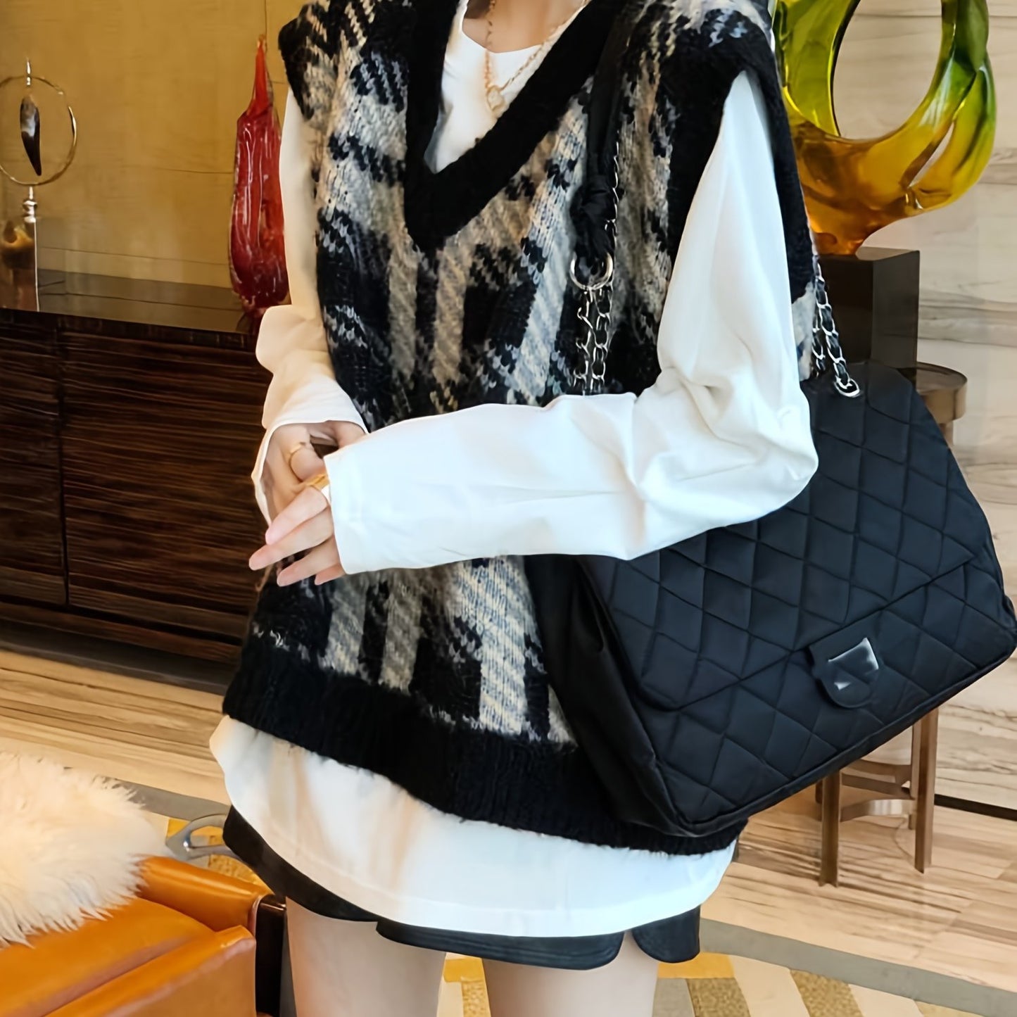 gbolsos Plaid Pattern V Neck Knitted Vest, Casual Sleeveless Loose Sweater For Spring & Fall, Women's Clothing
