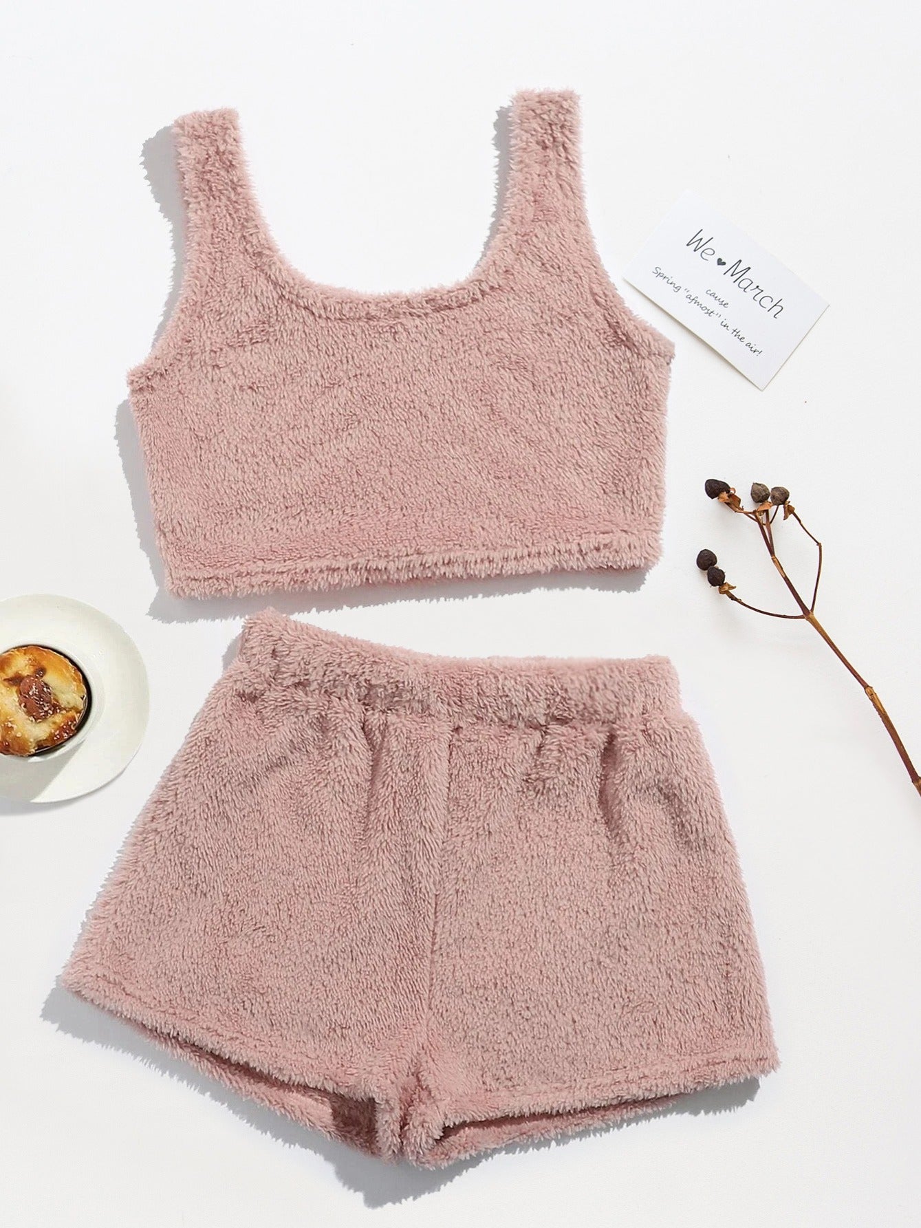 Fluffy Comfortable Pajamas Set, Crop Tank Sleeveless Top & Comfortable Shorts Loungewear Set For Valentine's Gifts, Women's Loungewear & Sleepwear