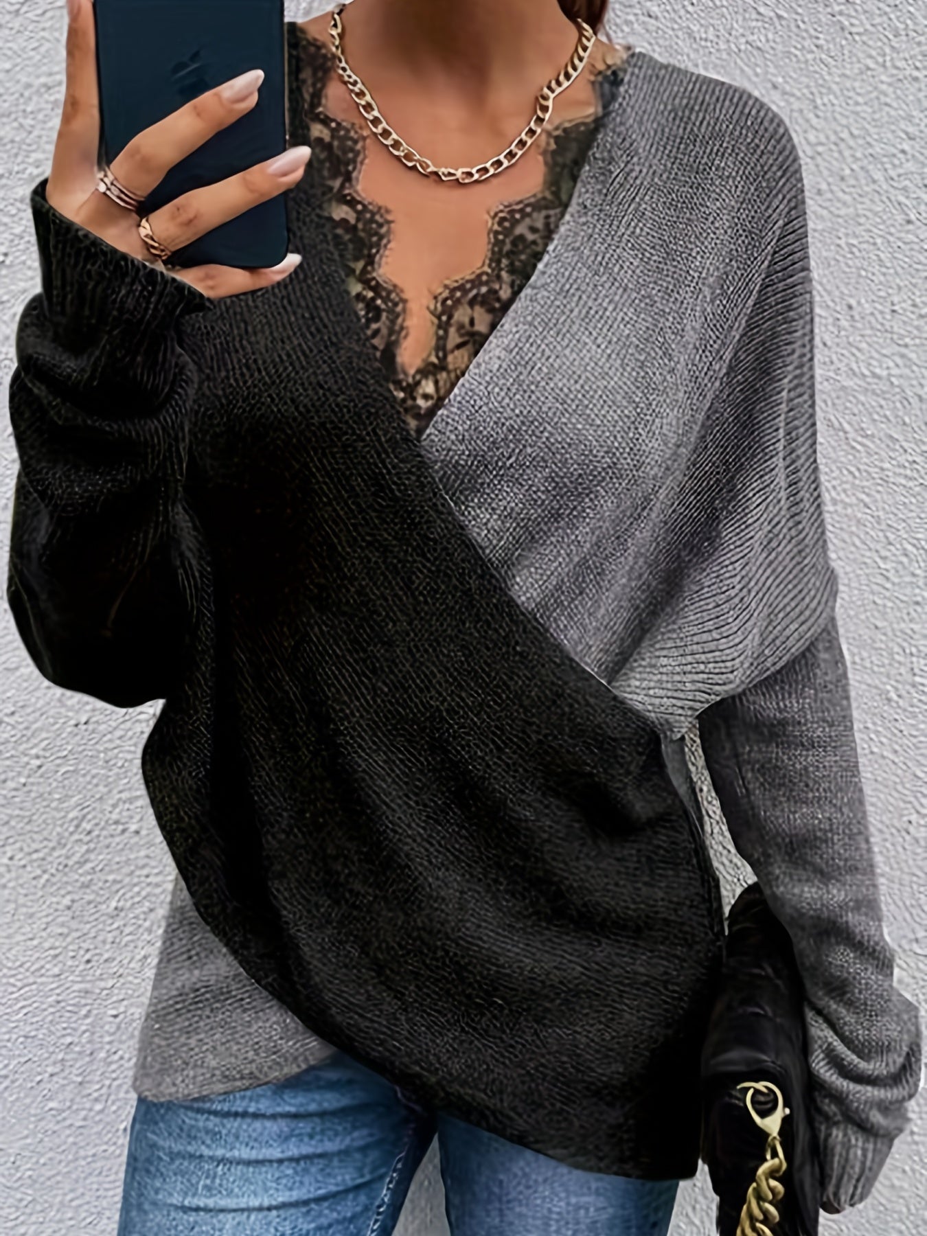 gbolsos Contrast Lace Color Block Knit Sweater, Casual V Neck Long Sleeve Sweater, Women's Clothing