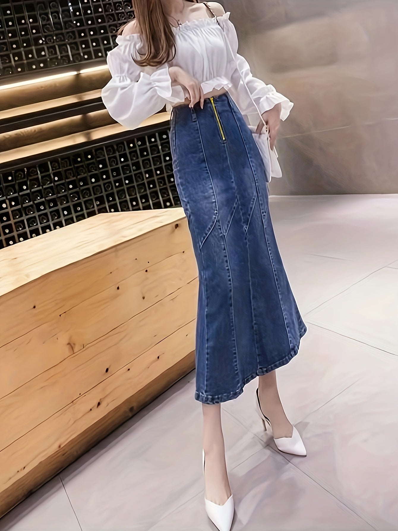 gbolsos Blue Zip Front Denim Midi Skirt, High Stretch Mermaid High Waist Casual Denim Midi Skirt, Women's Denim Clothing