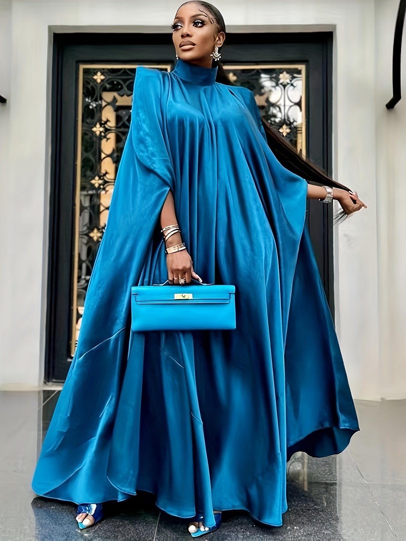 Plus Size Elegant Abaya Dress, Women's Plus Satin Bat Sleeve Mock Neck Maxi Muslim Caftan Dress