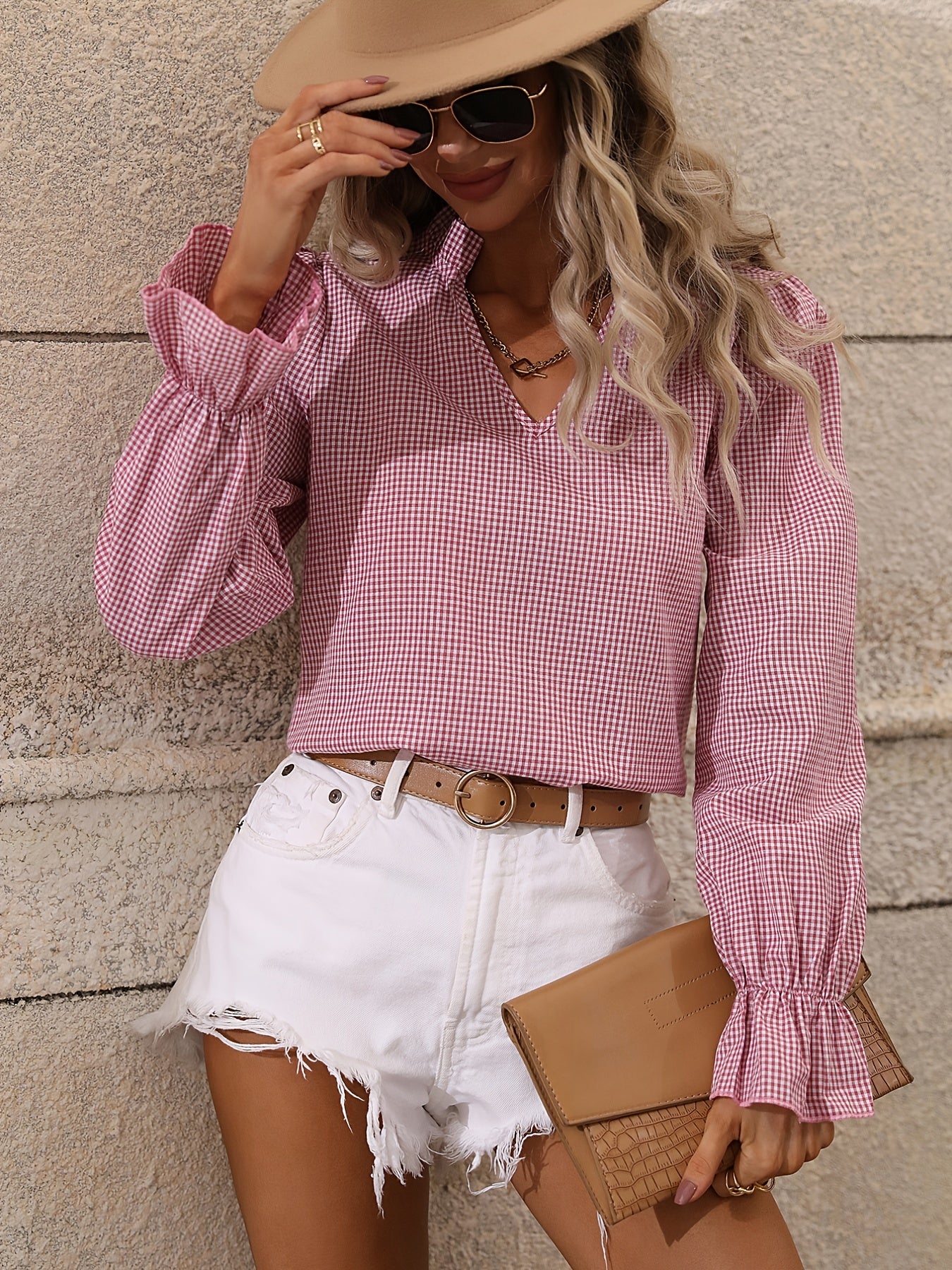 gbolsos Plaid Notched Neck Blouse, Casual Long Sleeve Blouse For Spring & Fall, Women's Clothing