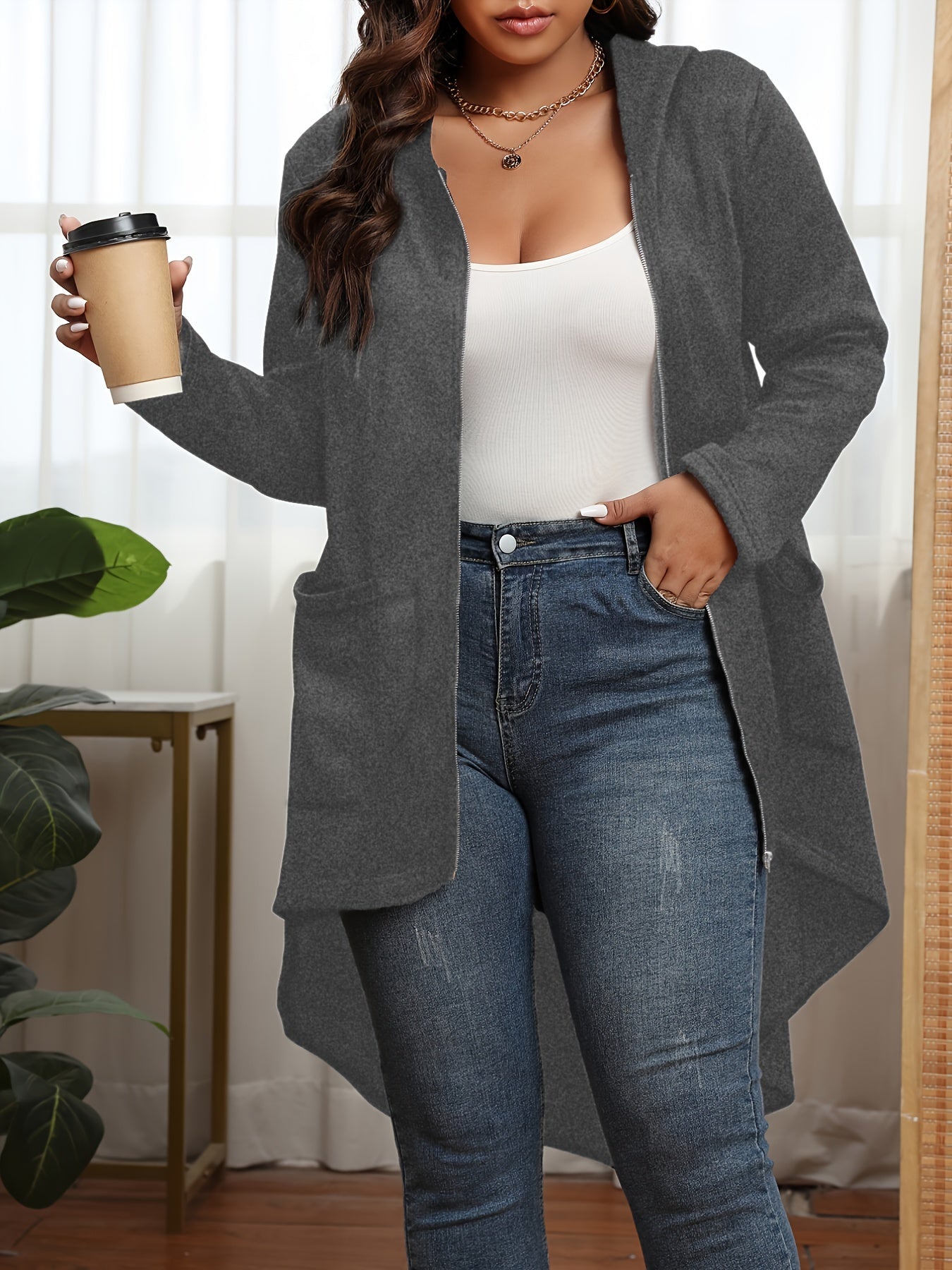 Plus Size Casual Coat, Women's Plus Solid Zip Up Long Sleeve Asymmetrical Hem Hooded Tunic Coat With Pockets