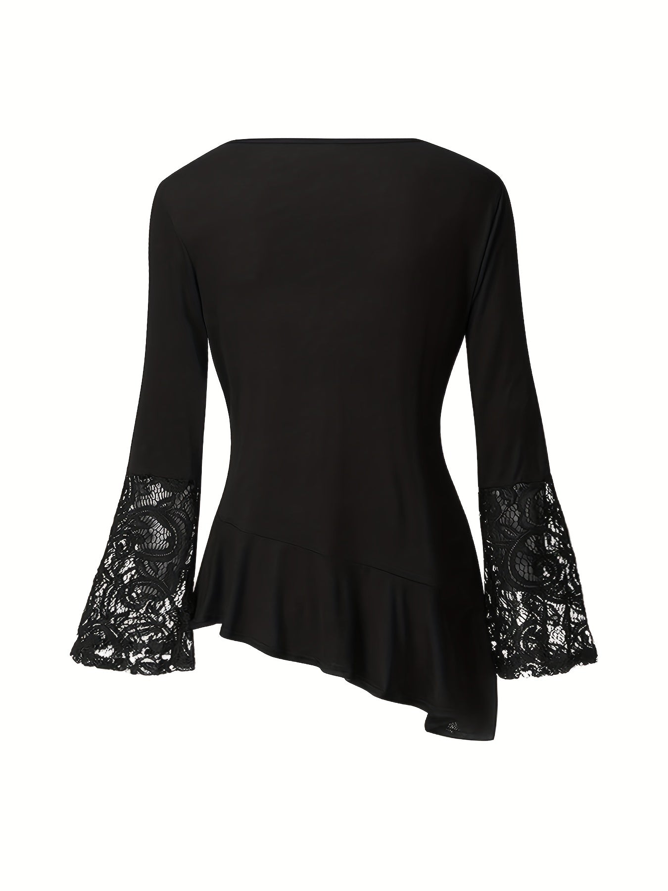 gbolsos Solid Contrast Lace Crew Neck Asymmetrical Hem T-shirt, Elegant Long Flare Sleeve T-shirt, Women's Clothing
