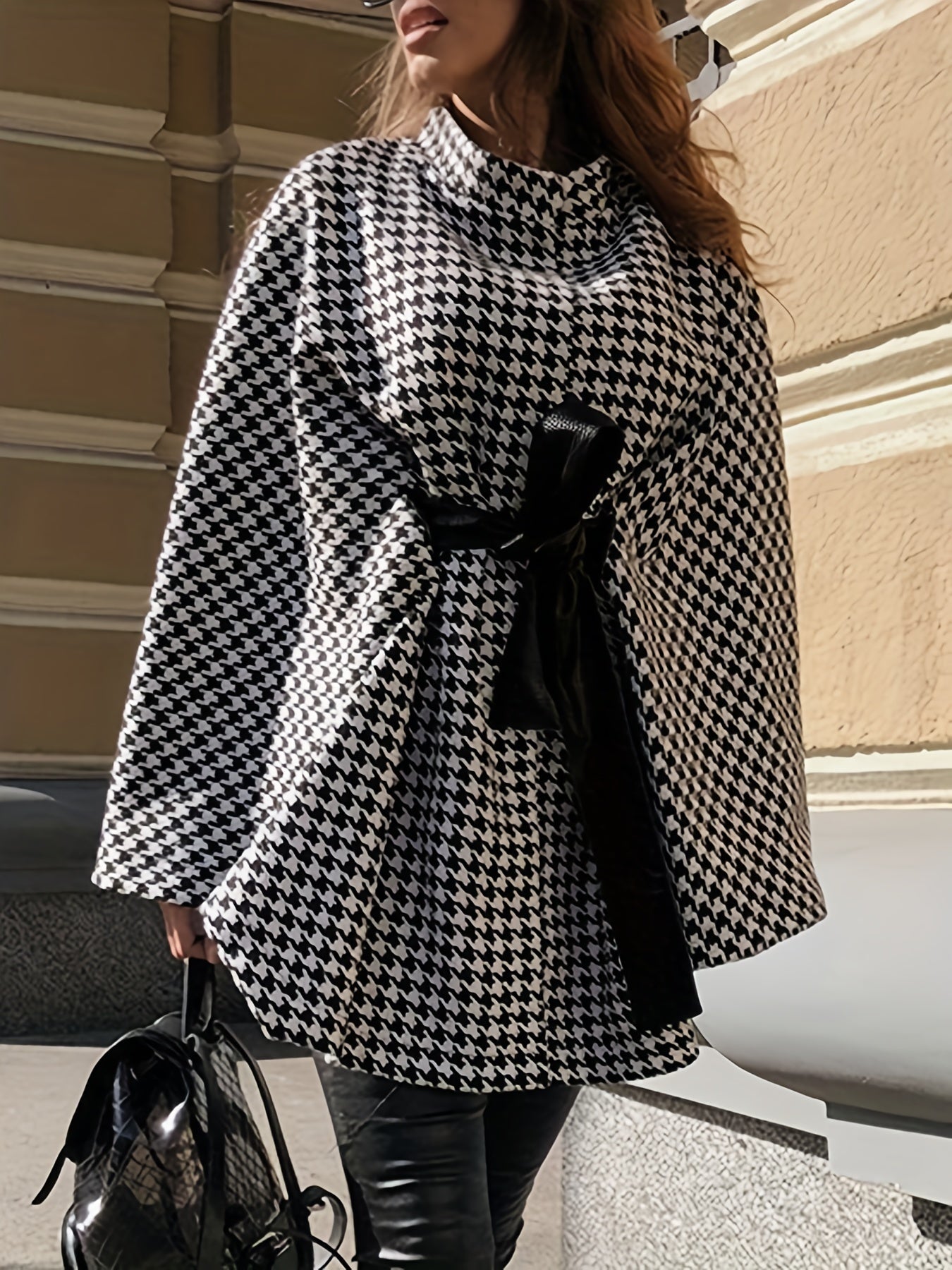 gbolsos Houndstooth Print Cape Top, Casual Tie Front Loose Outerwear, Women's Clothing