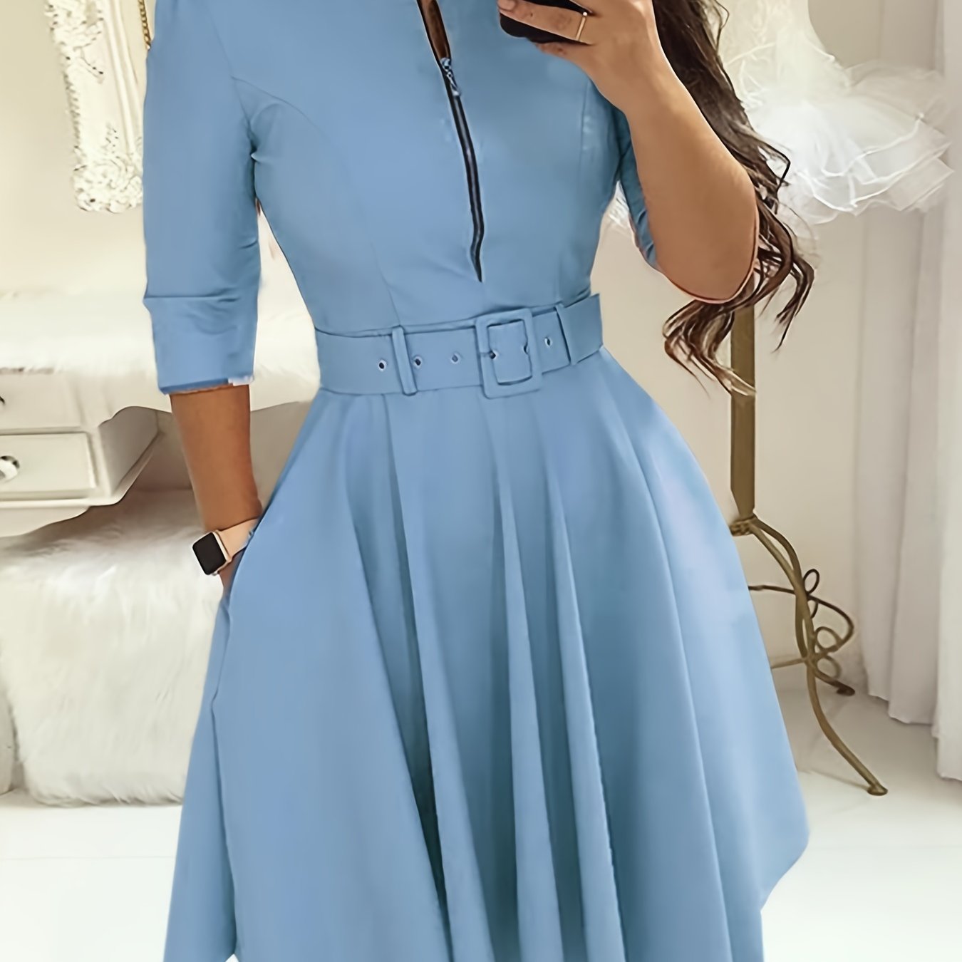 gbolsos Women's Dresses Solid Crew Neck Zipper Dresses