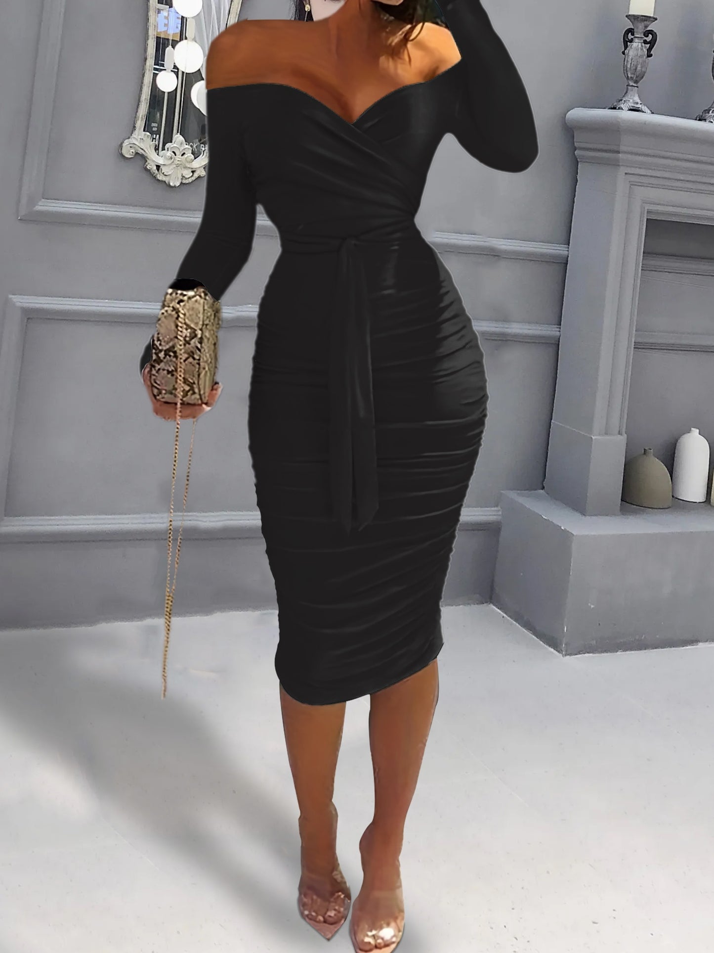 gbolsos Ruched Solid Dress, Casual Off Shoulder Bodycon Long Sleeve Dress, Women's Clothing