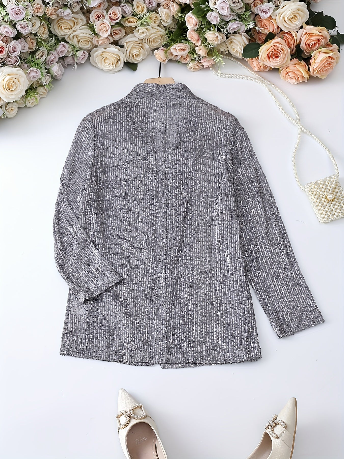 gbolsos Glitter Sequin Decor Open Front Blazer, Casual Lapel Long Sleeve Blazer, Women's Clothing