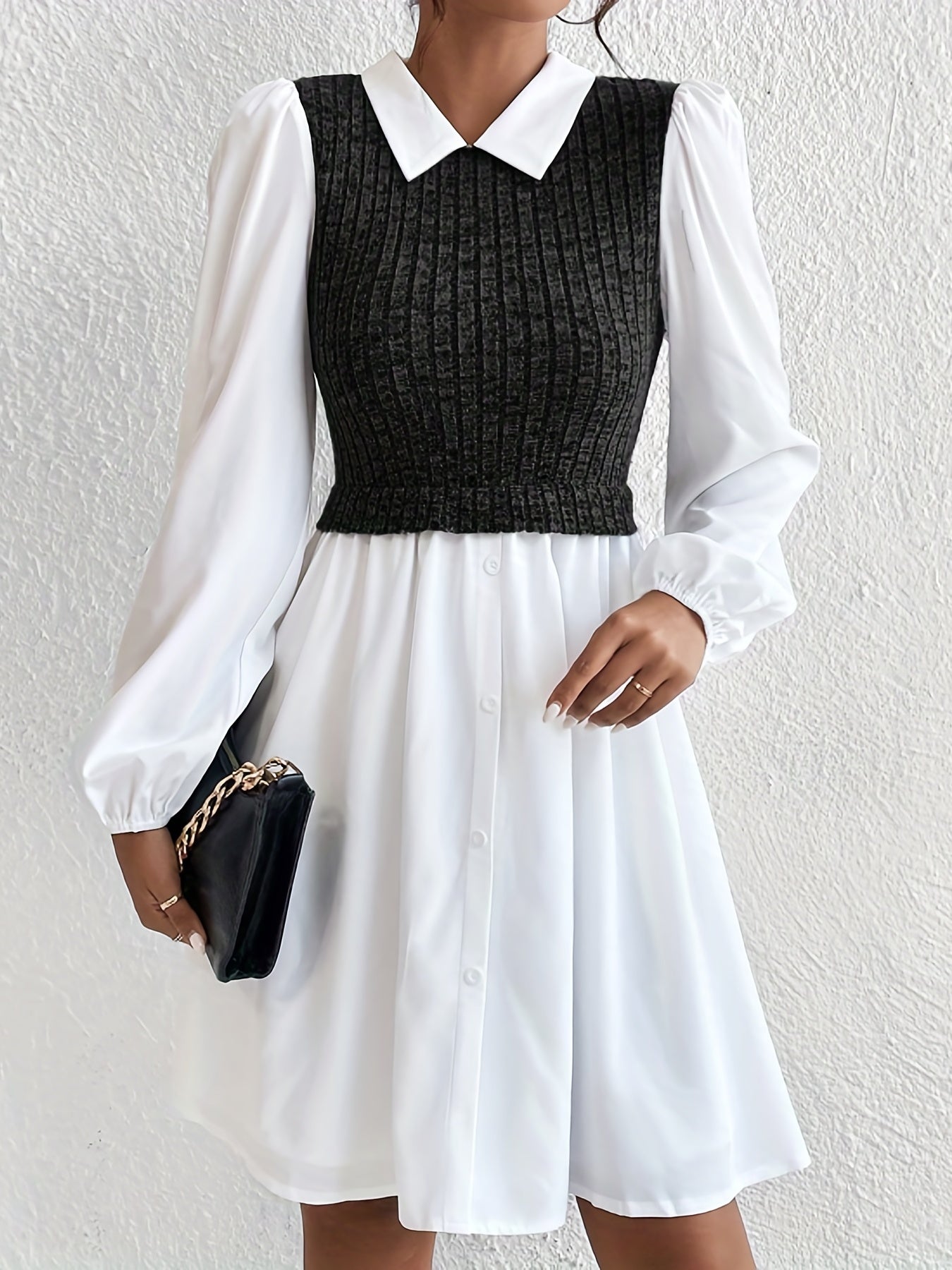 Button Front Stitching Knit Dress, Elegant Long Sleeve Collared Dress, Women's Clothing