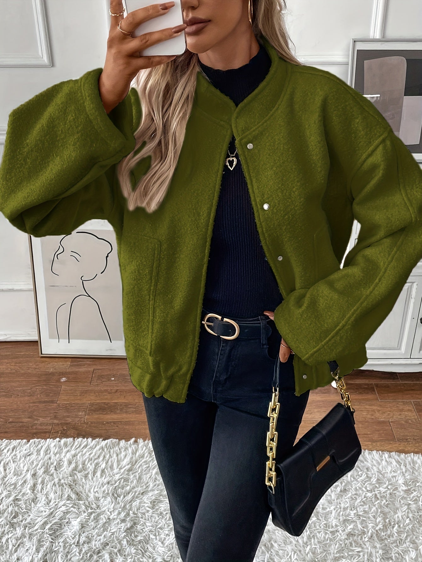gbolsos Button Front Top-stitching Jacket, Casual Long Sleeve Slant Pockets Jacket For Fall & Winter, Women's Clothing