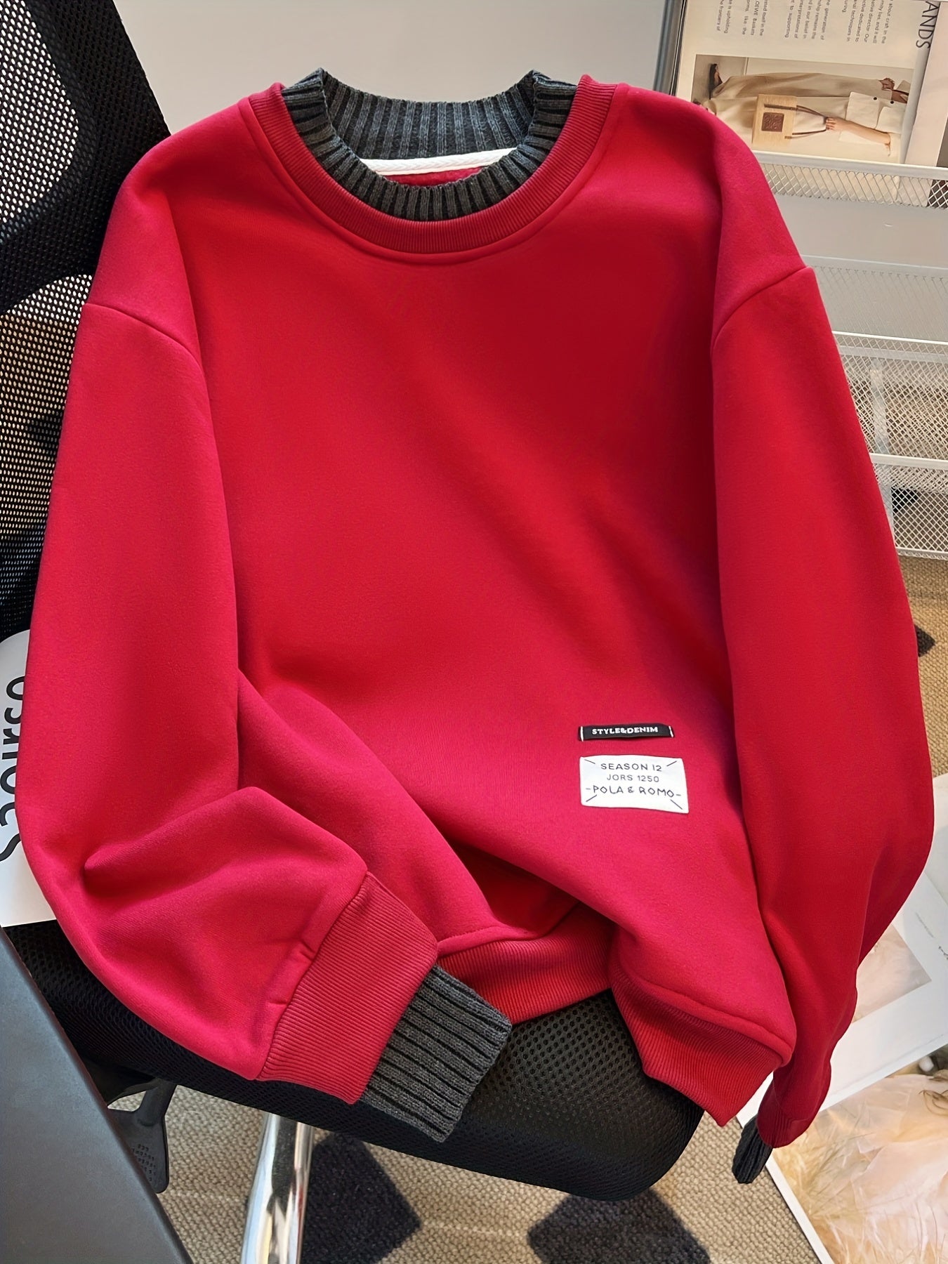 Solid Crew Neck Applique Sweatshirt, Long Sleeve Crew Neck Pullover Sweatshirt, Casual Tops For Fall & Winter, Women's Clothing