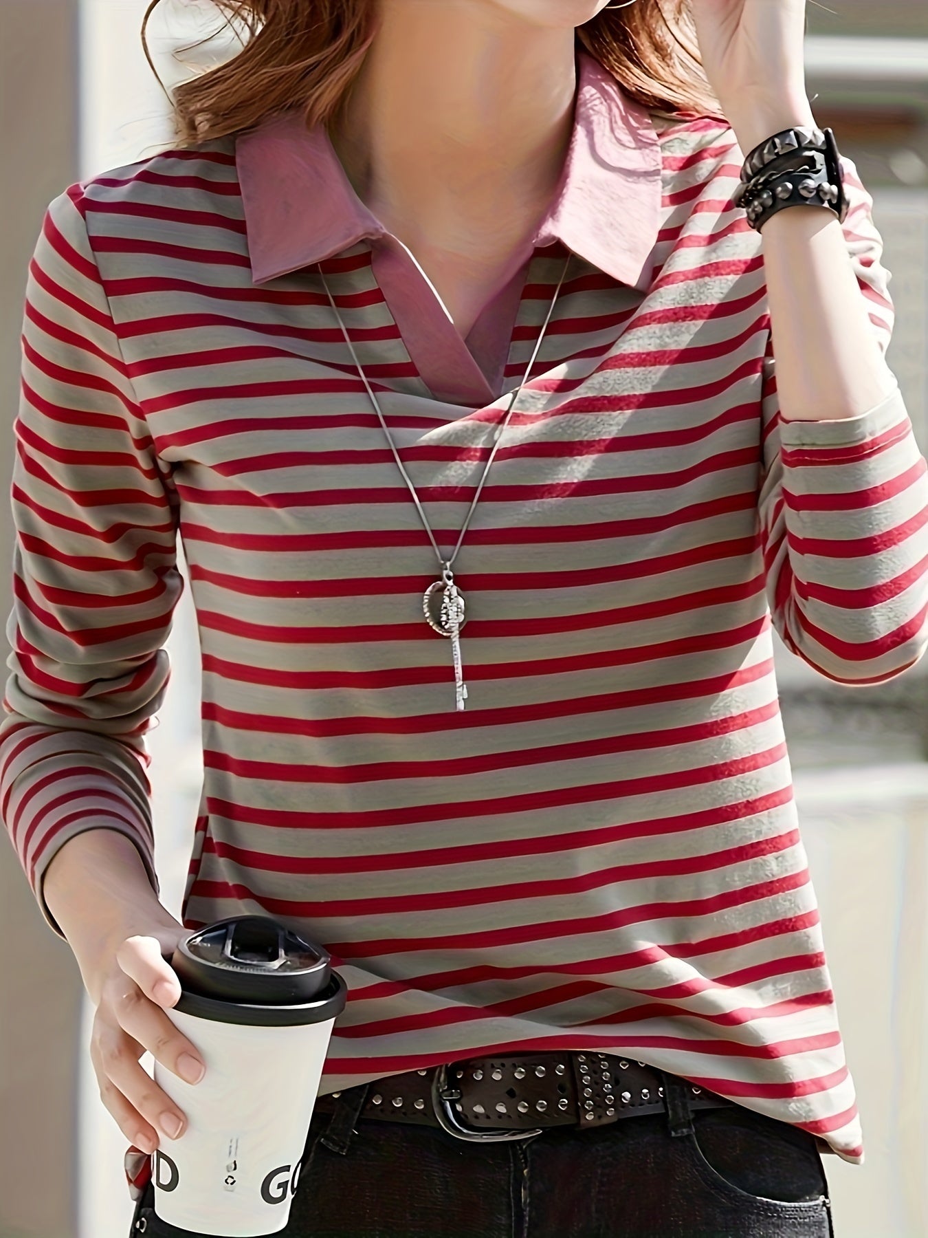 gbolsos Striped Polo Neck T-shirt, Casual Long Sleeve Contrast Trim Top, Women's Clothing
