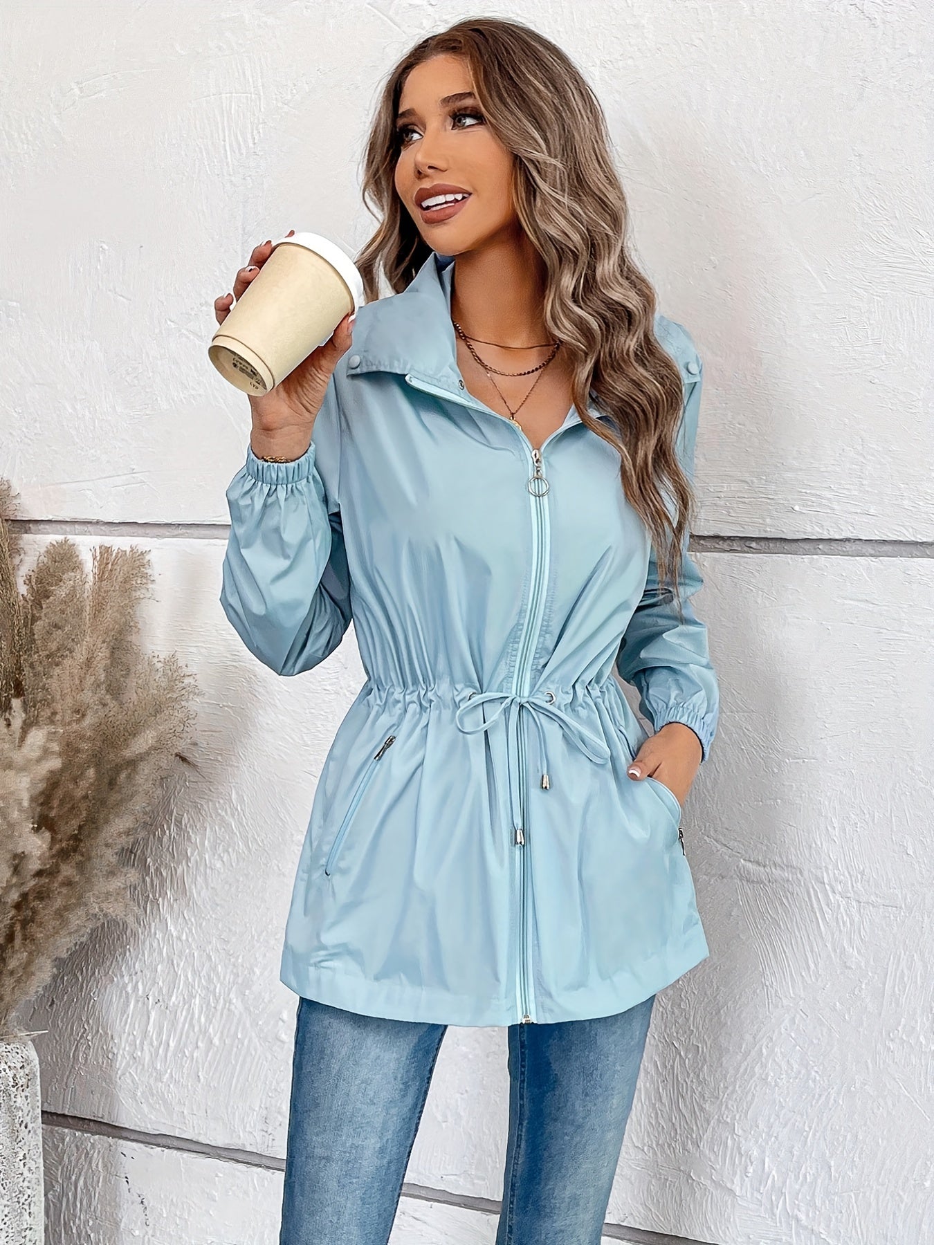 gbolsos Solid Hooded Rain Jacket, Casual Zip Up Long Sleeve Outerwear, Women's Clothing