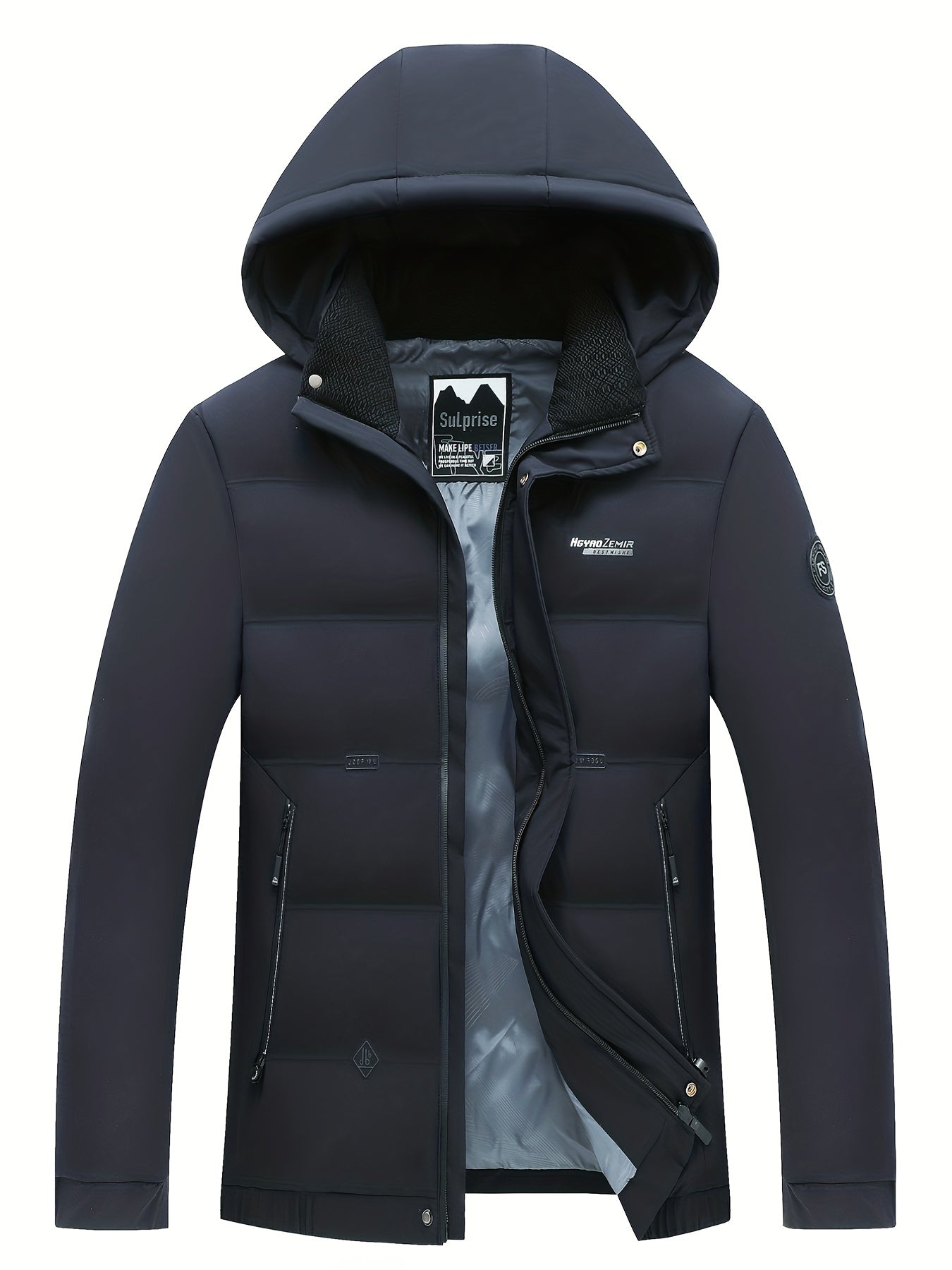 gbolsos Men's Classic Design Padded Hooded Jacket, Men Casual Padded Coat Windbreaker Zipper Pocket Stand Collar For Men Winter