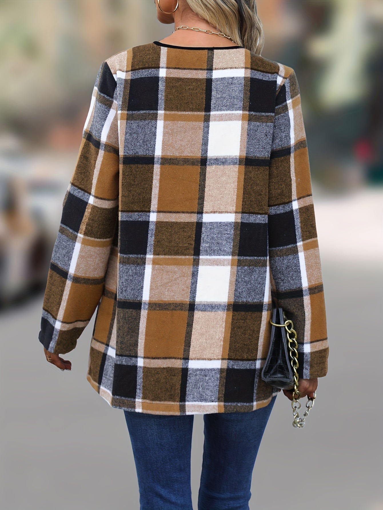 gbolsos Plaid Print Open Front Coat, Elegant Long Sleeve Outwear For Spring & Fall, Women's Clothing