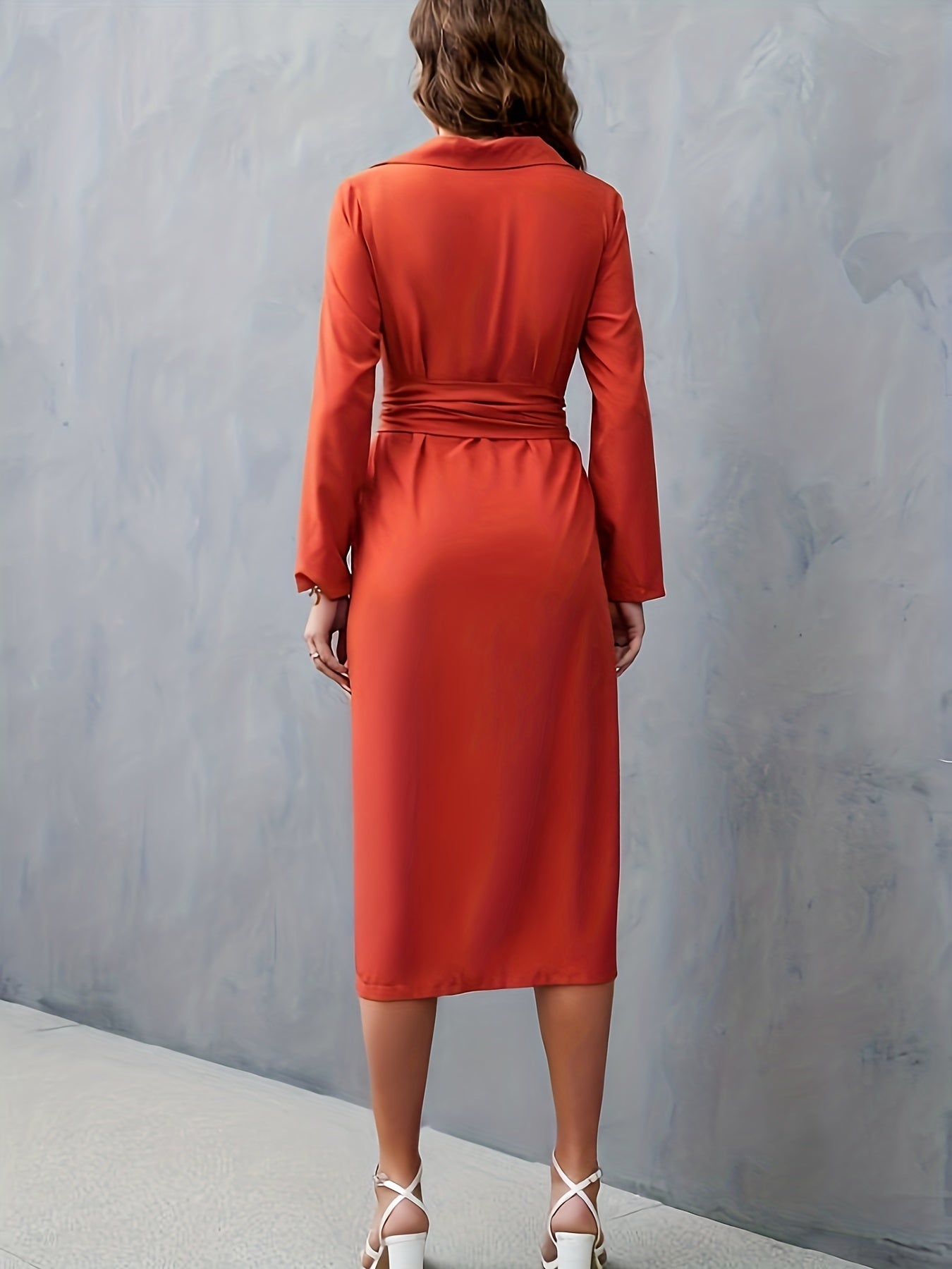 Solid Button Front Belted Dress, Elegant Long Sleeve Slim Dress, Women's Clothing
