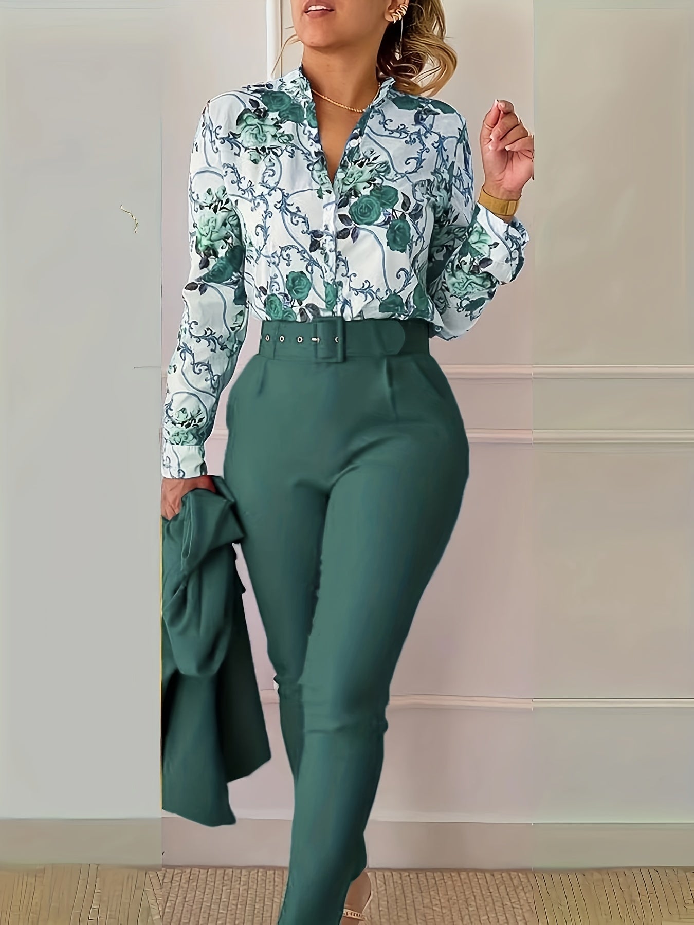gbolsos Elegant Two-piece Set, Floral Print V Neck Long Sleeve Blouse & Solid Belted Tapered Pants Outfits, Women's Clothing