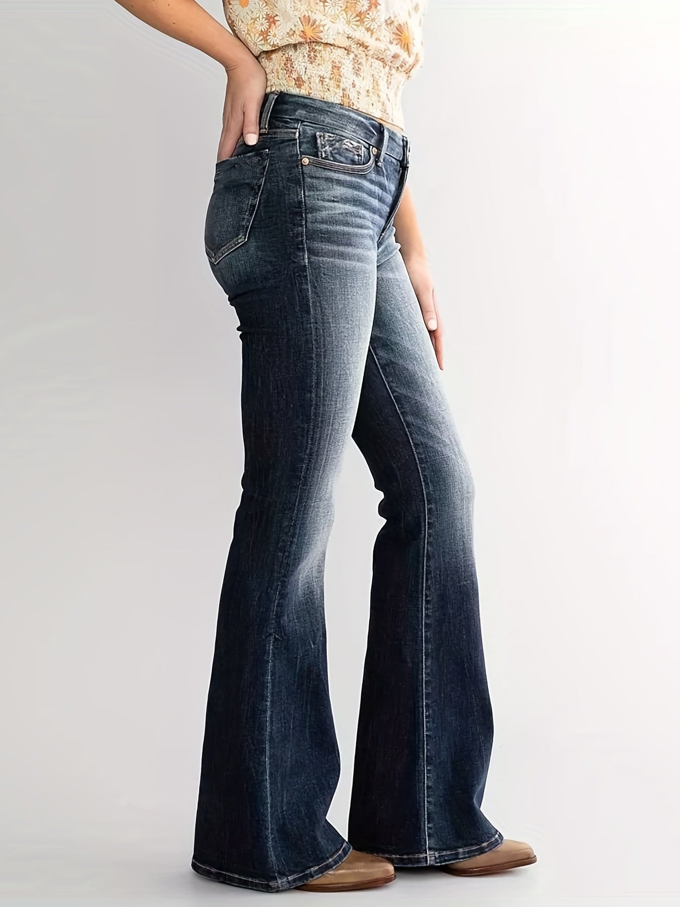 gbolsos Double Button Whiskering Flare Leg Jeans, Mid Waist Retro Faded Watter Tipple Embossed Denim Pants, Women's Denim Jeans & Clothing
