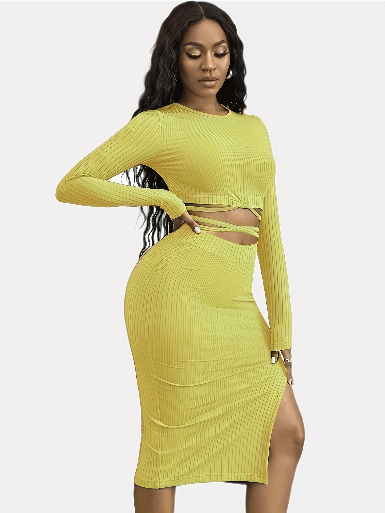 gbolsos Solid Casual Two-piece Set, Tie Back Cropped Tops & Bag Hip Split Skirts Outfits, Women's Clothing