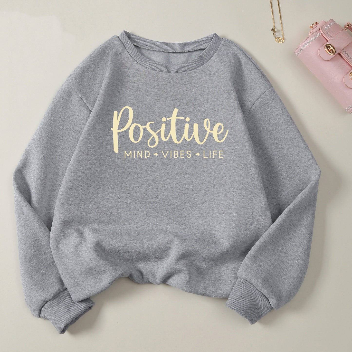 Positive Print Pullover Sweatshirt, Casual Long Sleeve Crew Neck Sweatshirt For Fall & Winter, Women's Clothing
