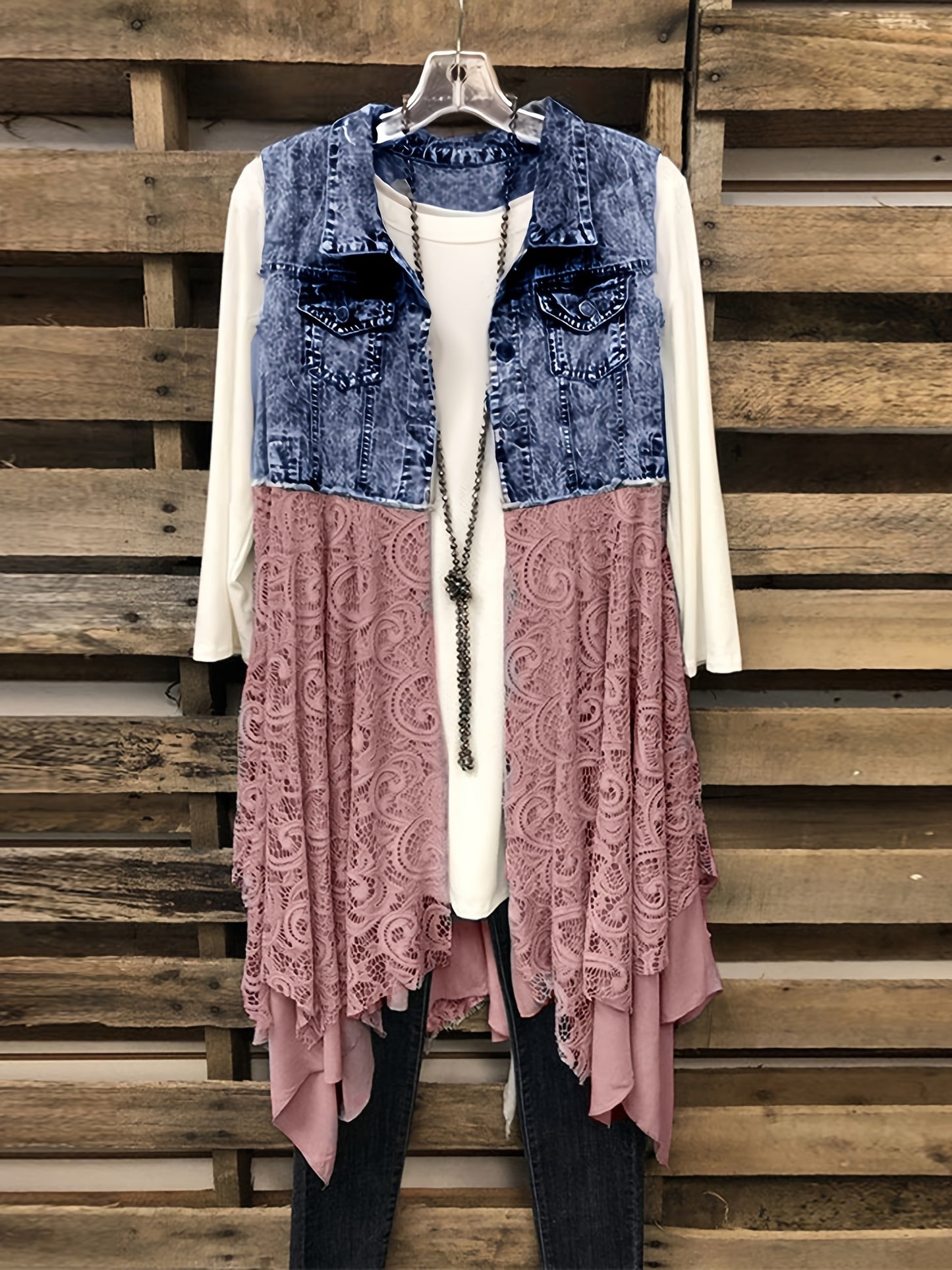 Lace High Low Trim Denim Vest Dress, Flap Pockets Raw Hem Lady Distressed Vest Dress, Women's Denim & Clothing