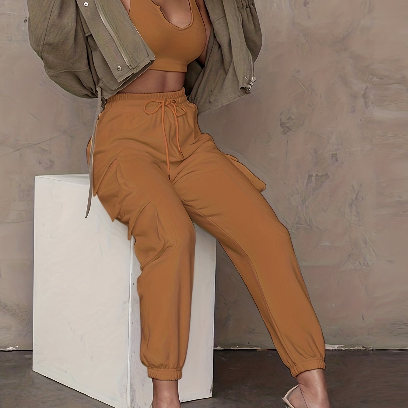gbolsos Drawstring Baggy Cargo Pants, Casual High Waist Flap Pockets Pants, Women's Clothing