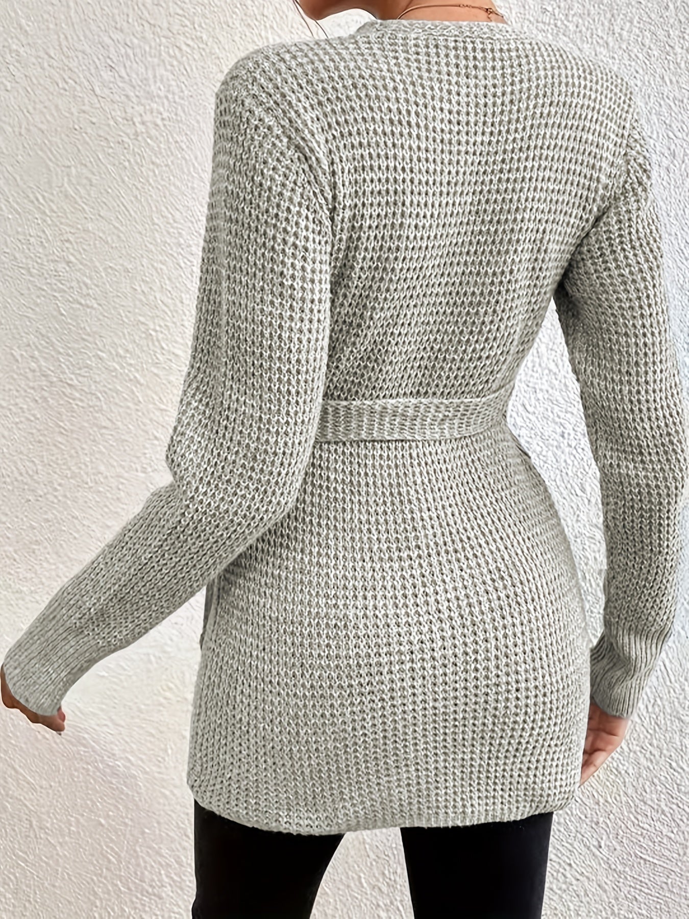 gbolsos Plus Size Casual Sweater, Women's Plus Solid Long Sleeve Surplice Neck Knot Wrap Jumper