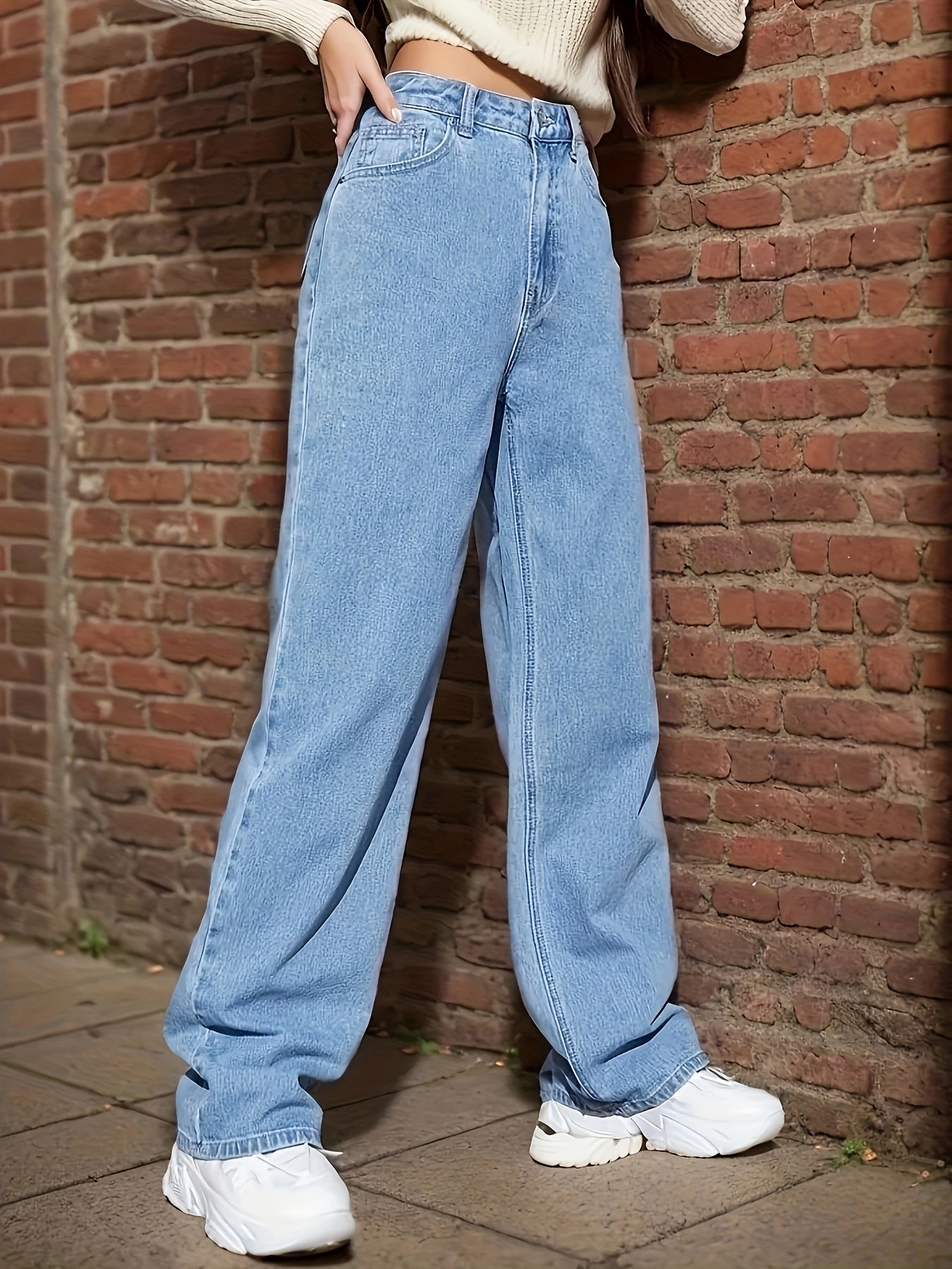 gbolsos Blue Loose Fit Straight Jeans, Non-Stretch Slant Pockets Washed Denim Pants, Women's Denim Jeans & Clothing