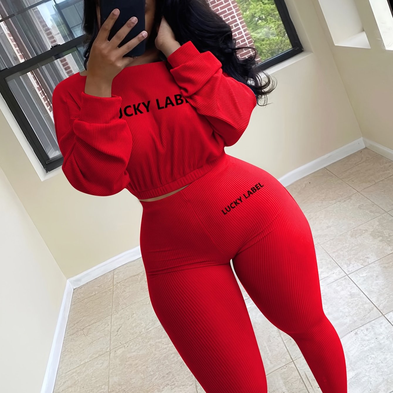 gbolsos Letter Print 2pc Set, Drop Shoulder Crew Neck Sweatshirt & Elastic Waist Jogging Pants Set, Women's Clothing