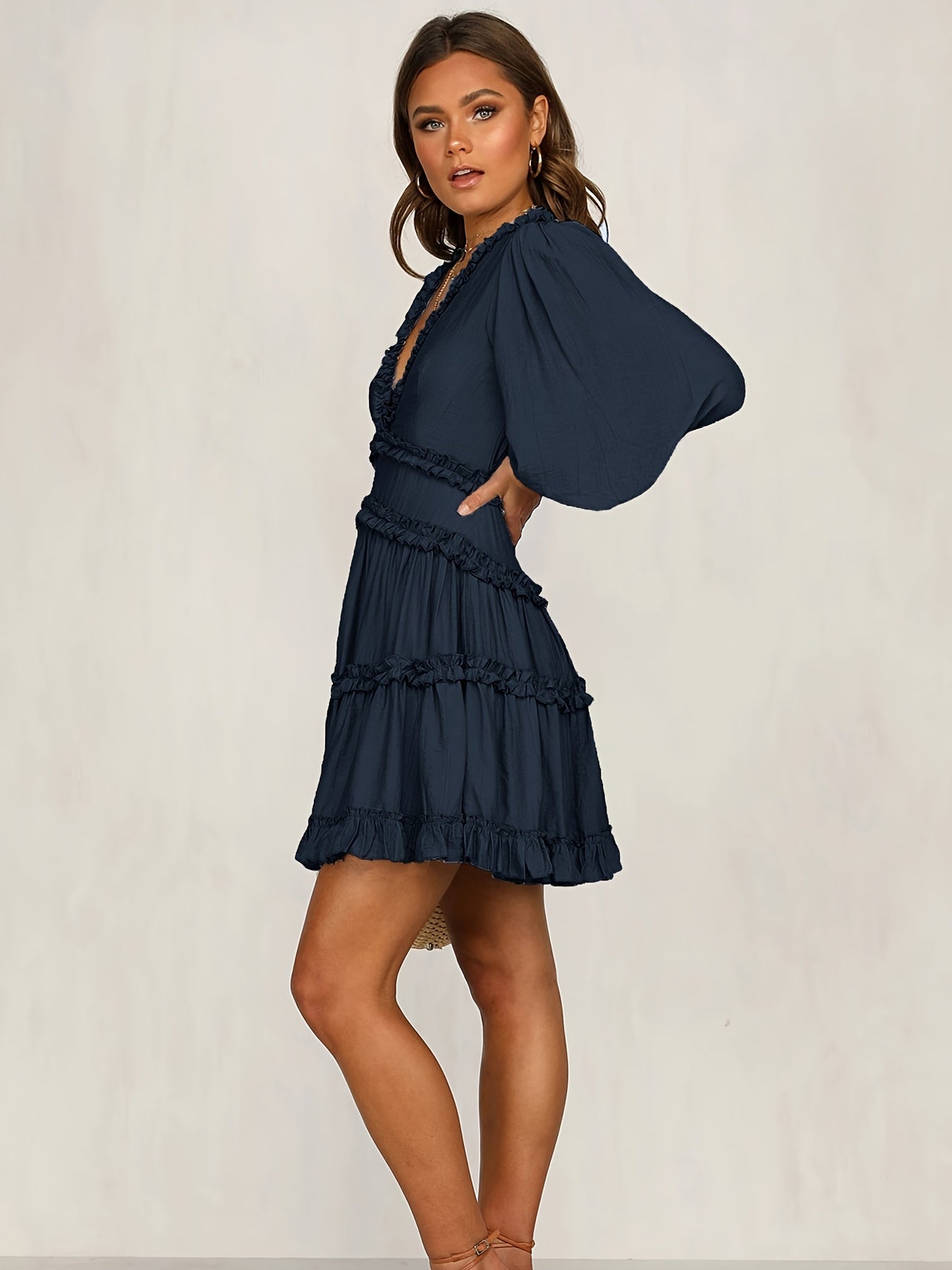 gbolsos Deep V Neck Ruffle Dress, Cut Out Long Sleeve Casual Dress For Spring & Fall, Women's Clothing