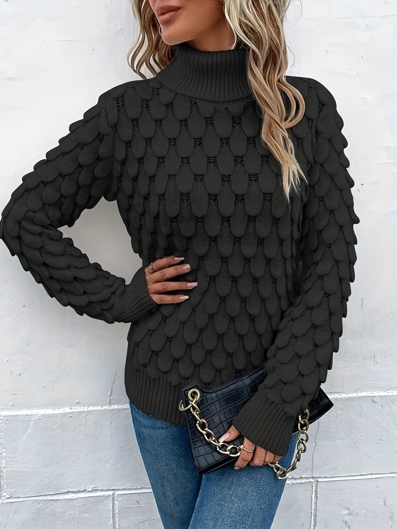 gbolsos Fish Scale Turtleneck Sweater, Casual Solid Long Sleeve Knit Sweater, Women's Clothing