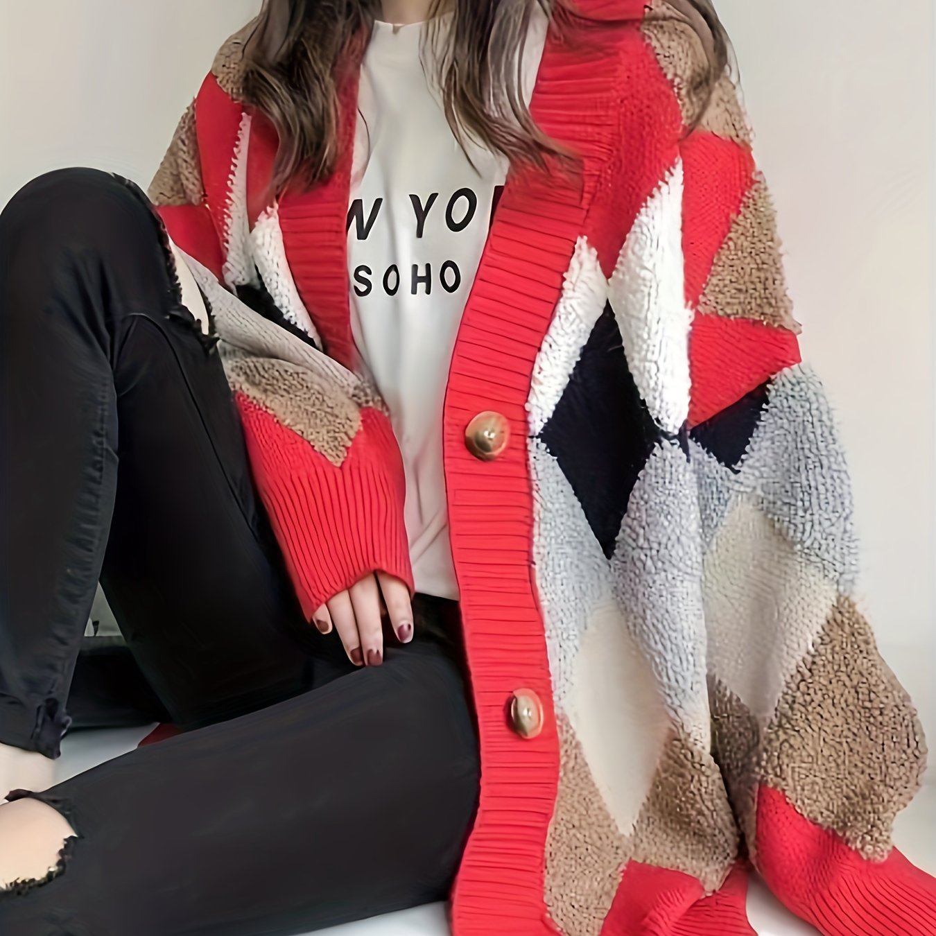 gbolsos Letter Pattern Button Down Knit Cardigan, Casual Long Sleeve Loose Thick Sweater Jacket, Women's Clothing