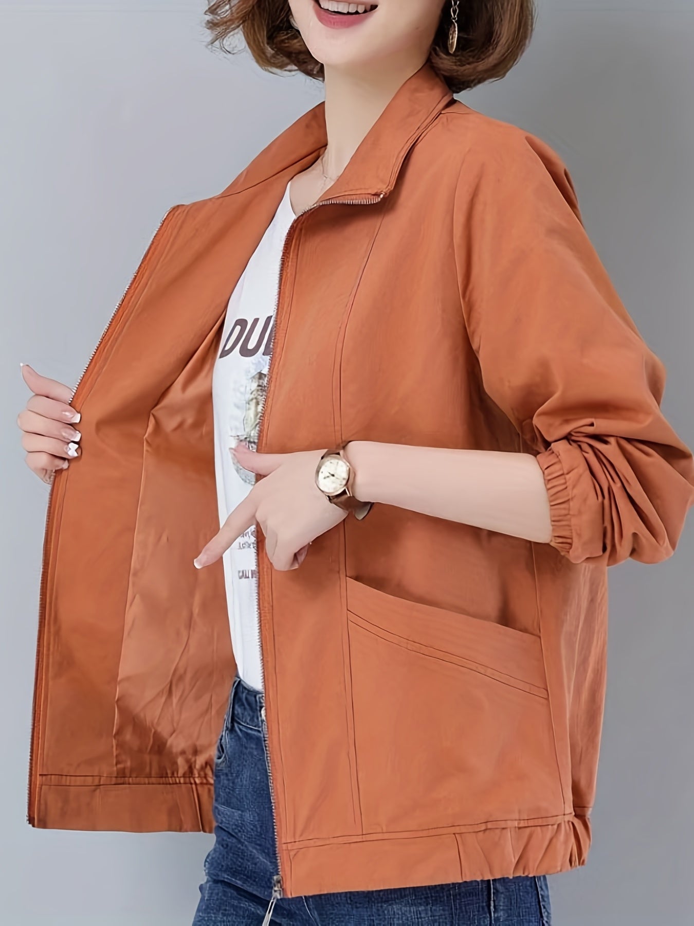 gbolsos Zip Up Pocket Front Jacket, Casual Long Sleeve Solid Outerwear, Women's Clothing