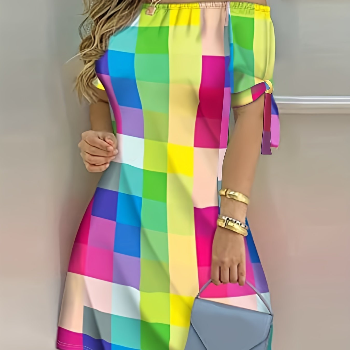 gbolsos Color Block Off Shoulder Dress, Elegant Backless Short Sleeve Dress For Spring & Summer, Women's Clothing
