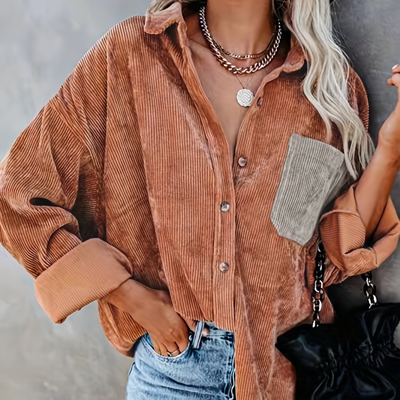 gbolsos Button Front Solid Shirt, Vintage Long Sleeve Collar Shirt, Women's Clothing