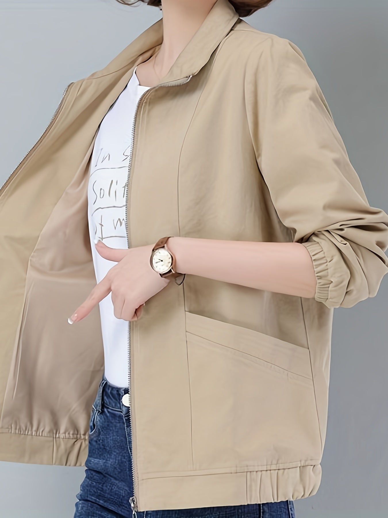 gbolsos Zip Up Pocket Front Jacket, Casual Long Sleeve Solid Outerwear, Women's Clothing