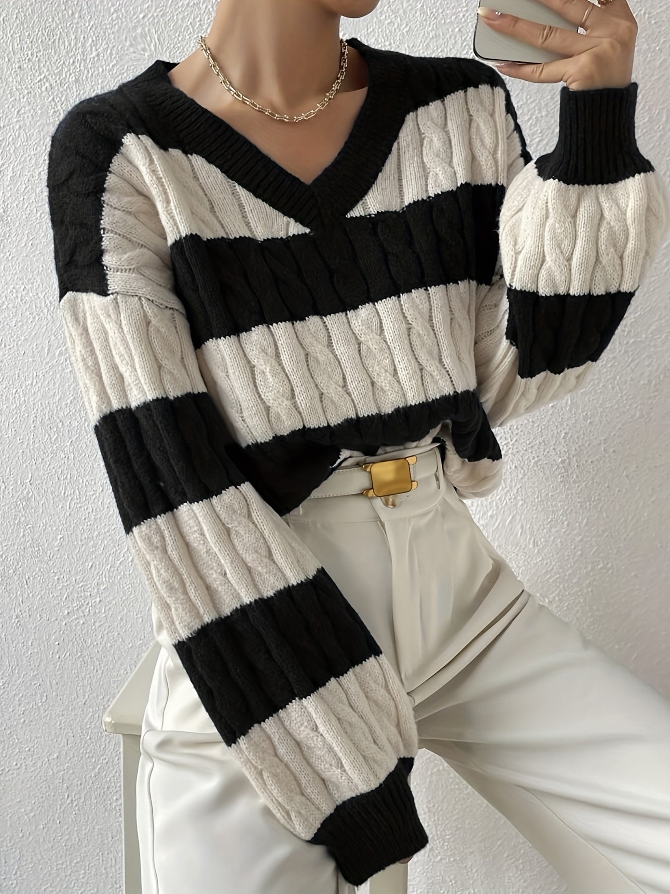 gbolsos Color Block Drop Shoulder Sweater, Casual Long Sleeve Sweater For Fall & Winter, Women's Clothing