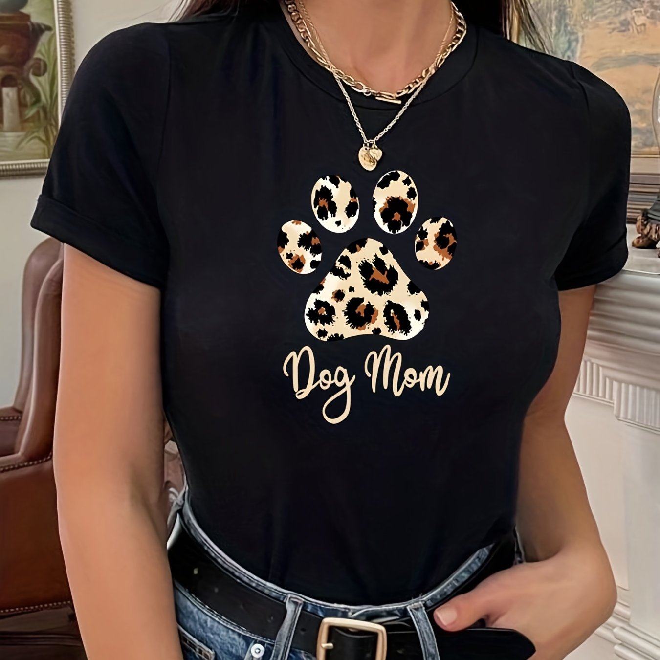 gbolsos Women Funny Leopard Print Dog Mama Graphic Tee, Summer Casual Crew Neck T-shirt, Women's Clothing