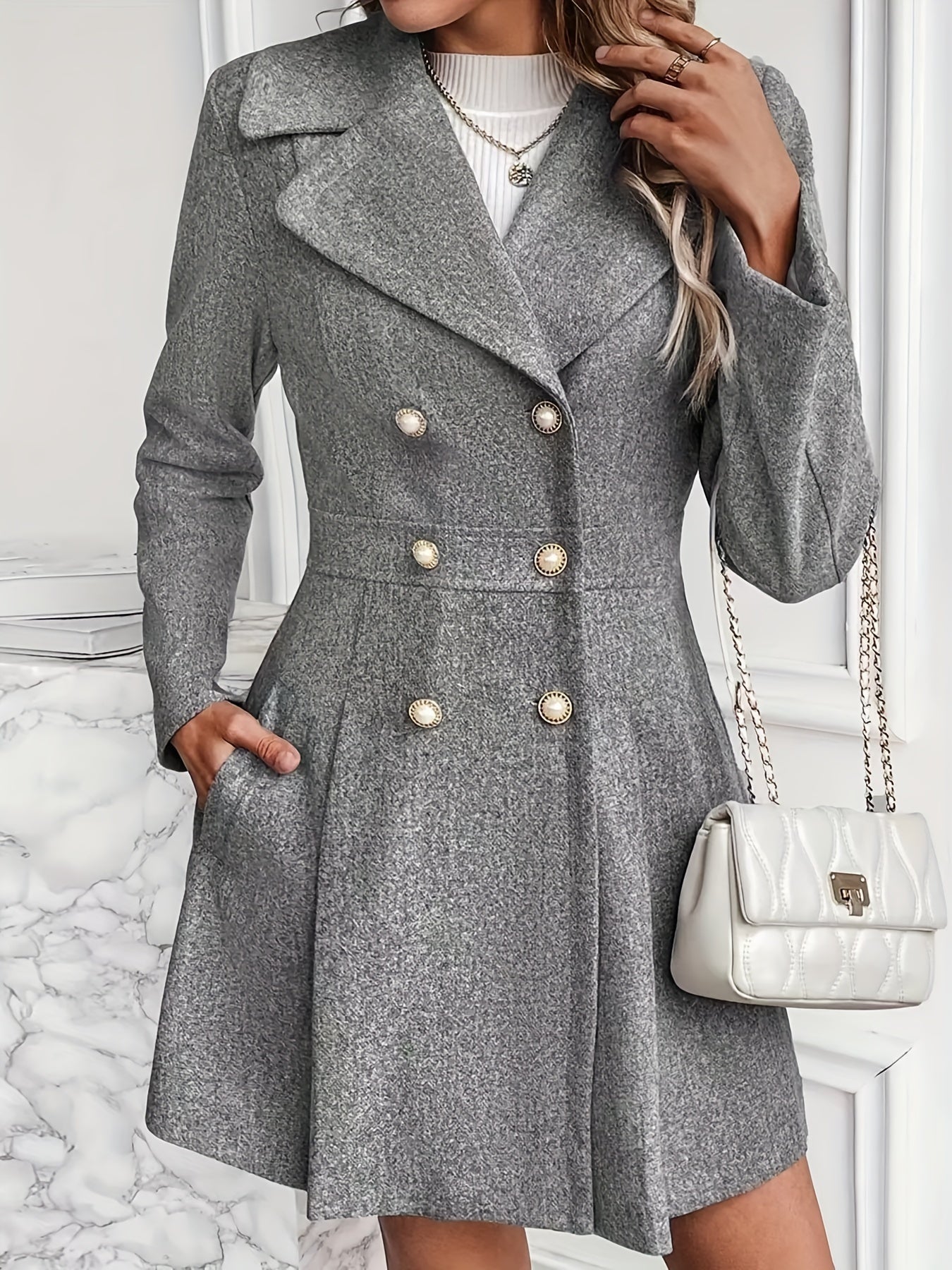 Solid Color Double Breasted Trench Coat, Casual Lapel Neck Long Sleeve Side Pockets Coat, Women's Clothing