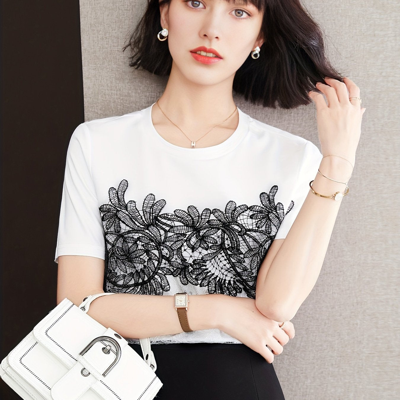 gbolsos Lace Contrast Crew Neck T-Shirt, Casual Short Sleeve T-Shirt For Spring & Summer, Women's Clothing