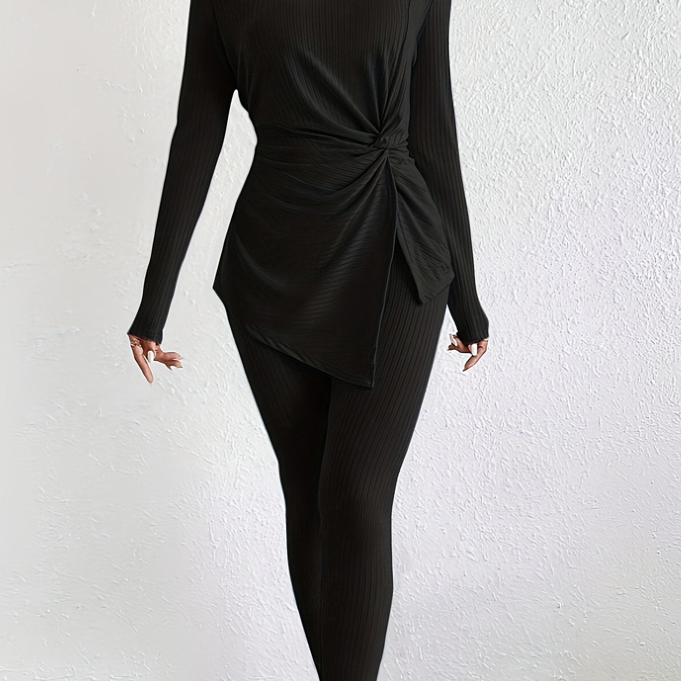 gbolsos Solid Casual Two-piece Set, Twist Knot Long Sleeve Top & Slim Pants Outfits, Women's Clothing