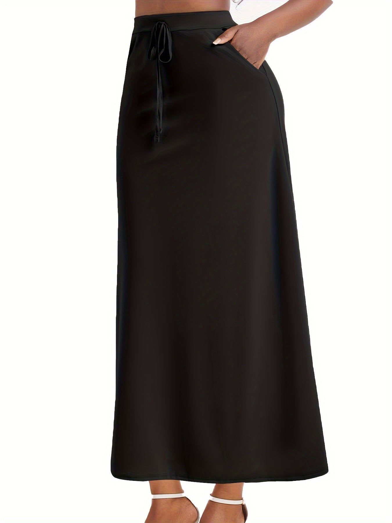 gbolsos Plus Size Elegant Skirt, Women's Plus Solid Elastic Drawstring High Rise Maxi Skirt With Pockets