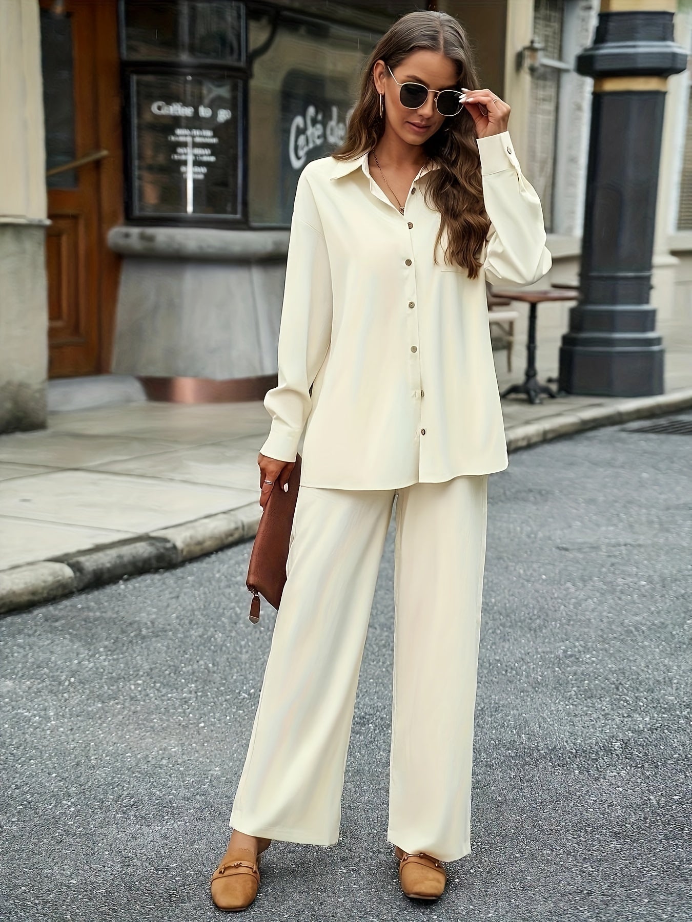gbolsos Solid Elegant Two-piece Set, Button Front Long Sleeve Shirt & Drawstring Pants Outfits, Women's Clothing