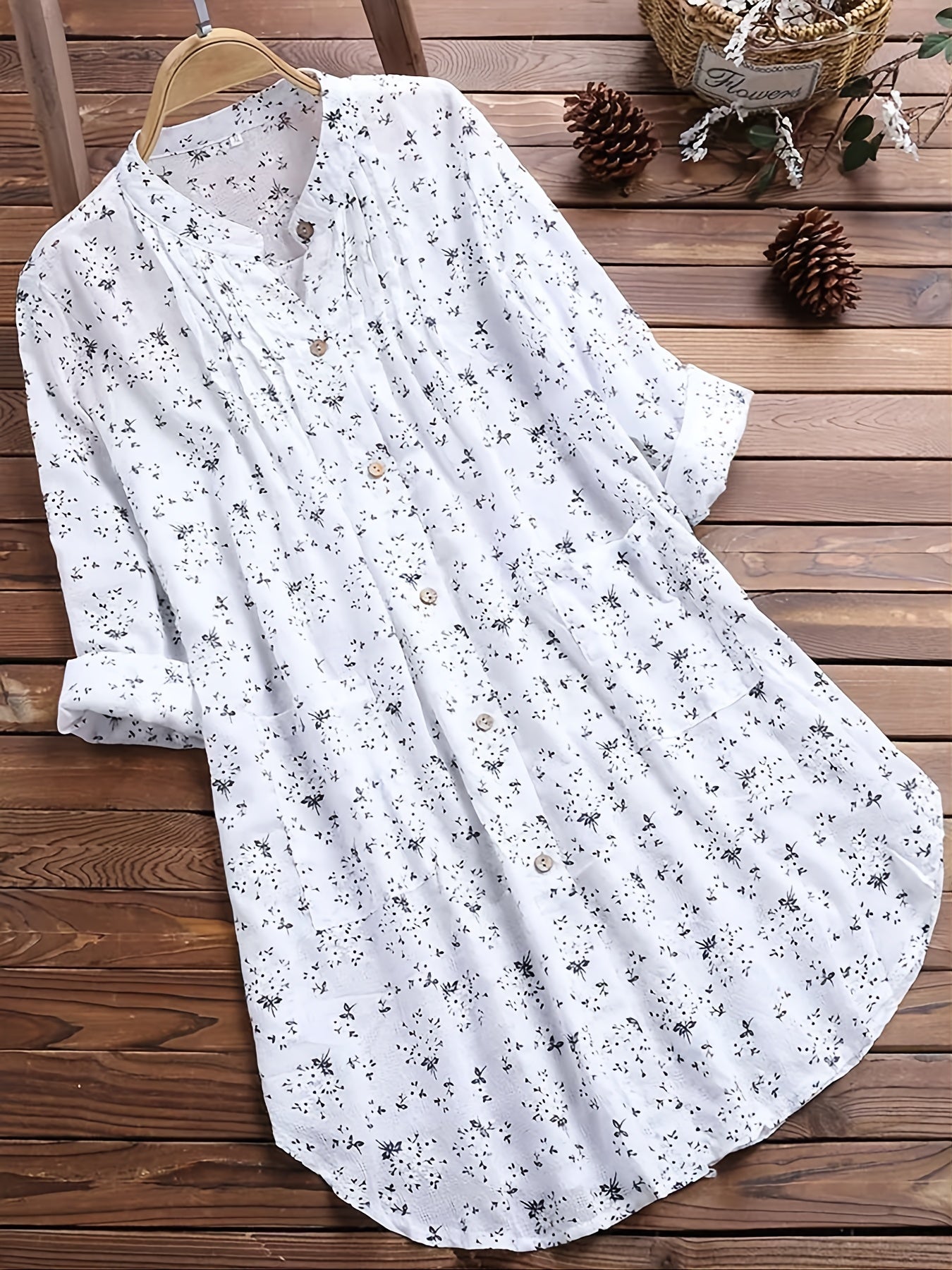 gbolsos Ditsy Floral Print Button Front Dress, Casual Long Sleeve V Neck Midi Dress With Pocket, Women's Clothing