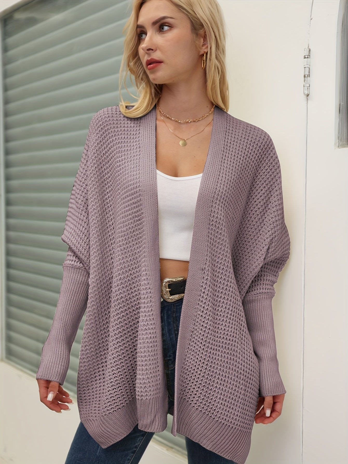 gbolsos Solid Simple Knit Cardigan, Casual Long Sleeve Open Front Sweater, Women's Clothing