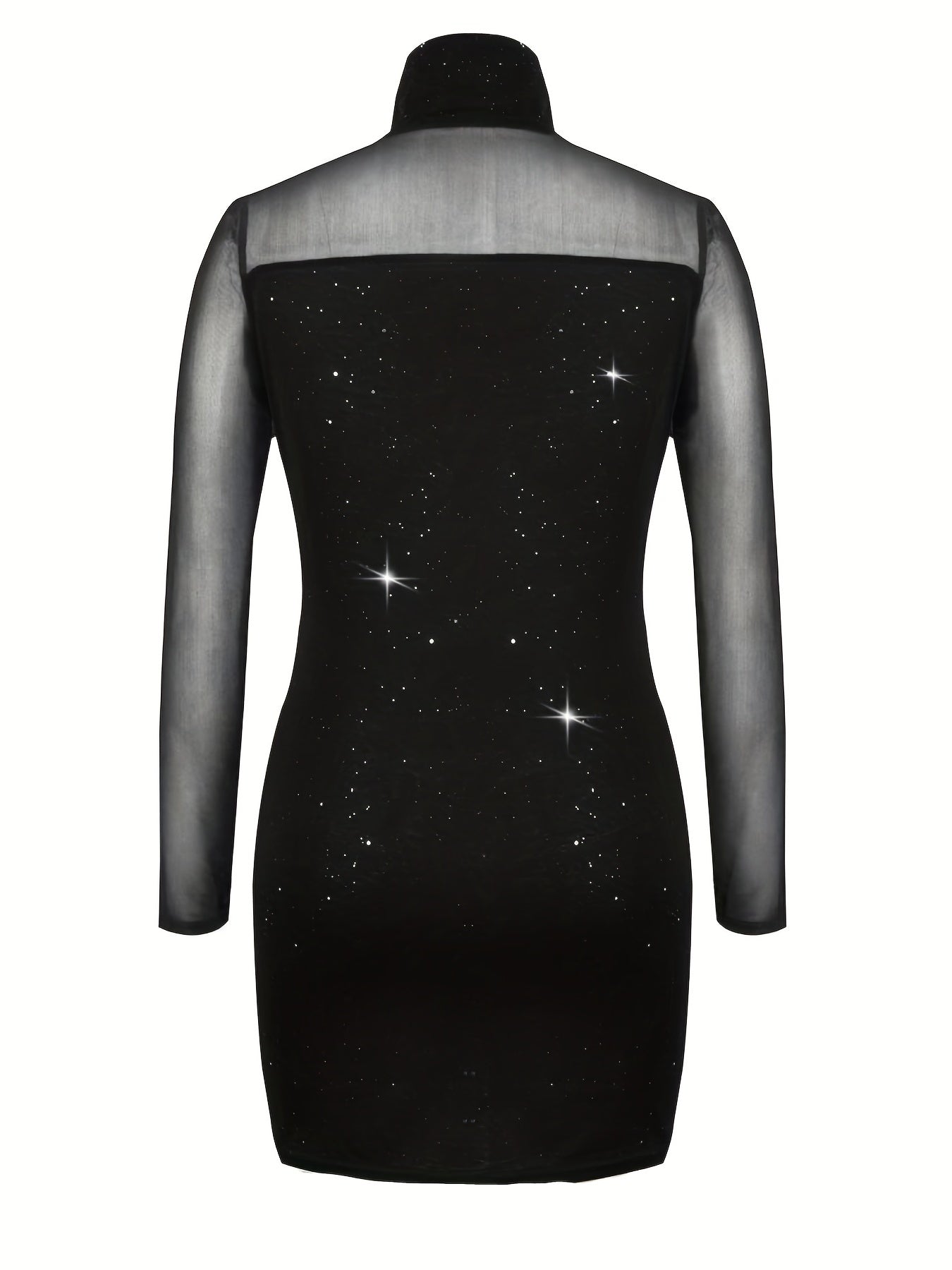 gbolsos Sheer Splicing Dress, Sexy Solid High Collar Long Sleeve Bodycon Evening Dress, Women's Clothing