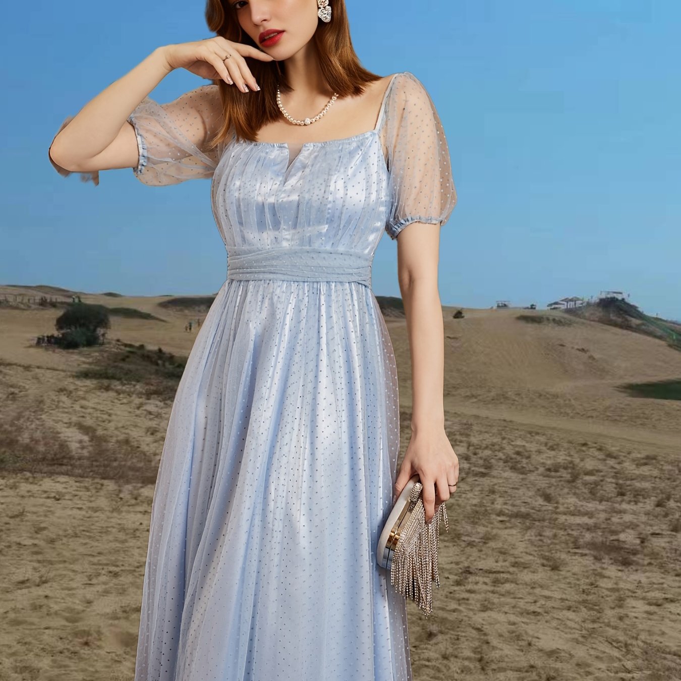 gbolsos Slim Mesh Short Sleeve Dress, Square Neck Bridesmaid Party Guest Evening Gown Dress For Summer & Spring, Women's Clothing