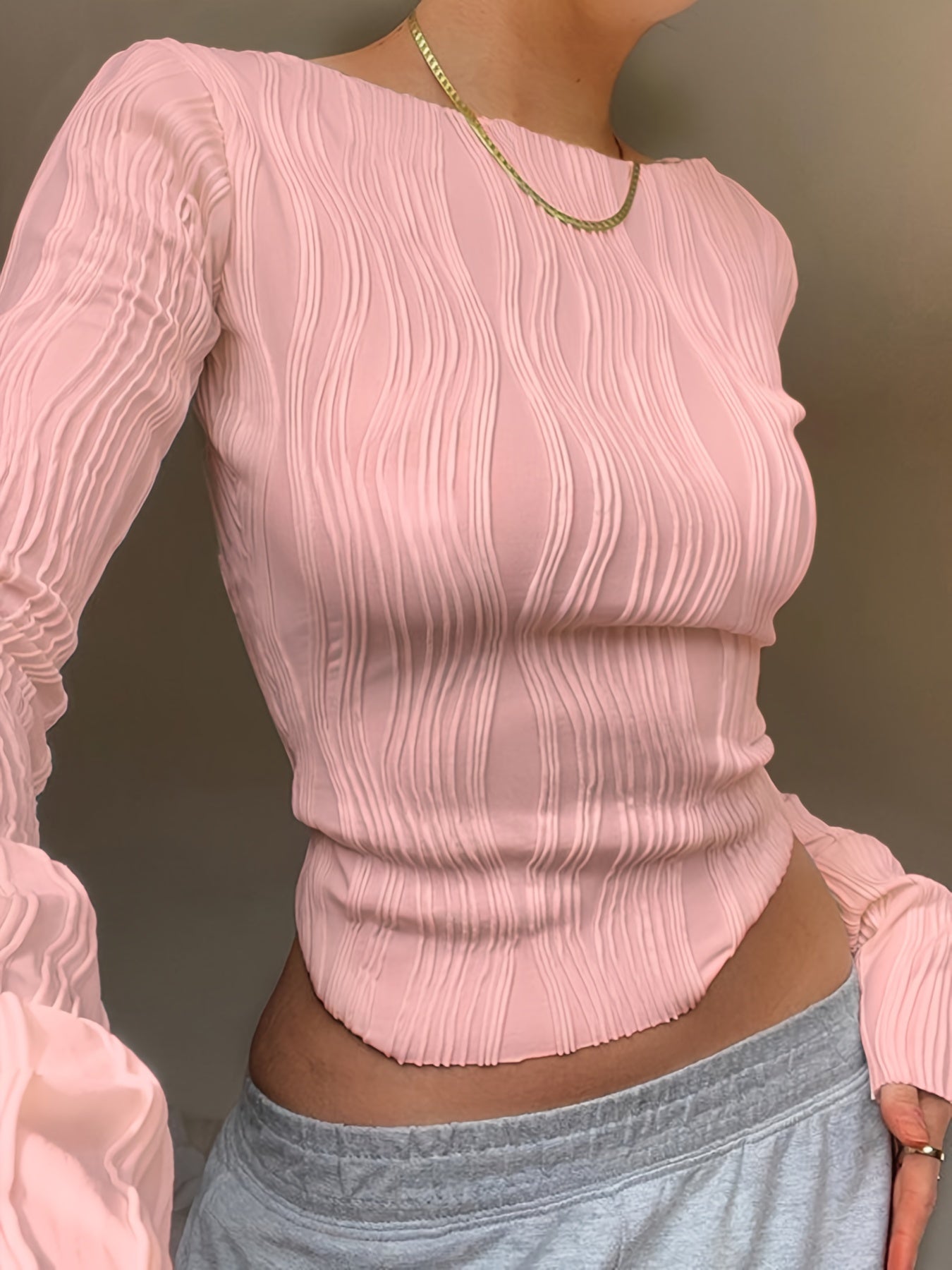 kkboxly Solid Textured Slim T-Shirt, Casual Long Sleeve T-Shirt For Spring & Fall, Women's Clothing